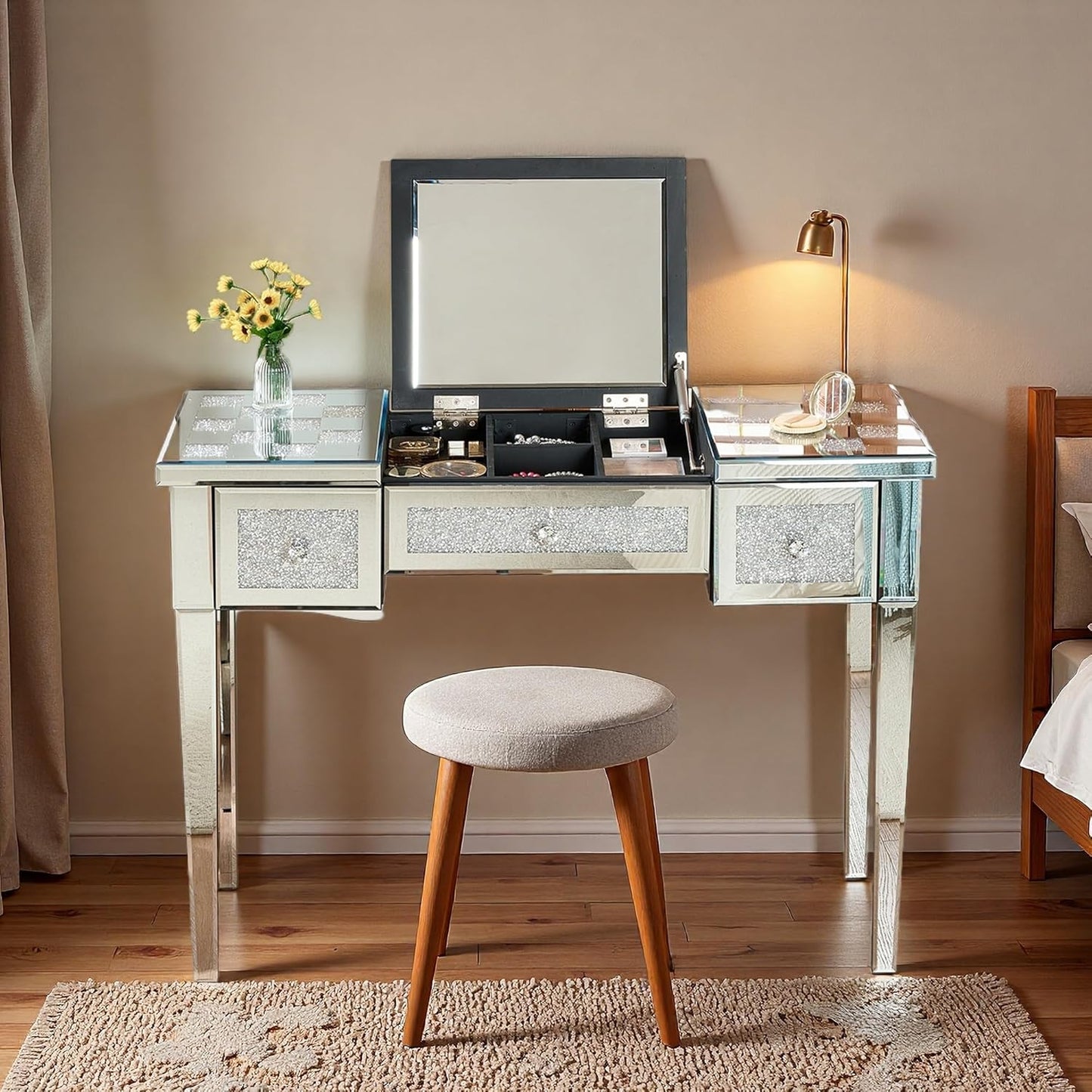 Wooden Makeup Vanity Desk, Modern Dressing Table with Spacious Desktop & Large Drawer, Stool, Space-Saving Dresser Table with Side Cabinets & Charging Port for Small Places, Walnut