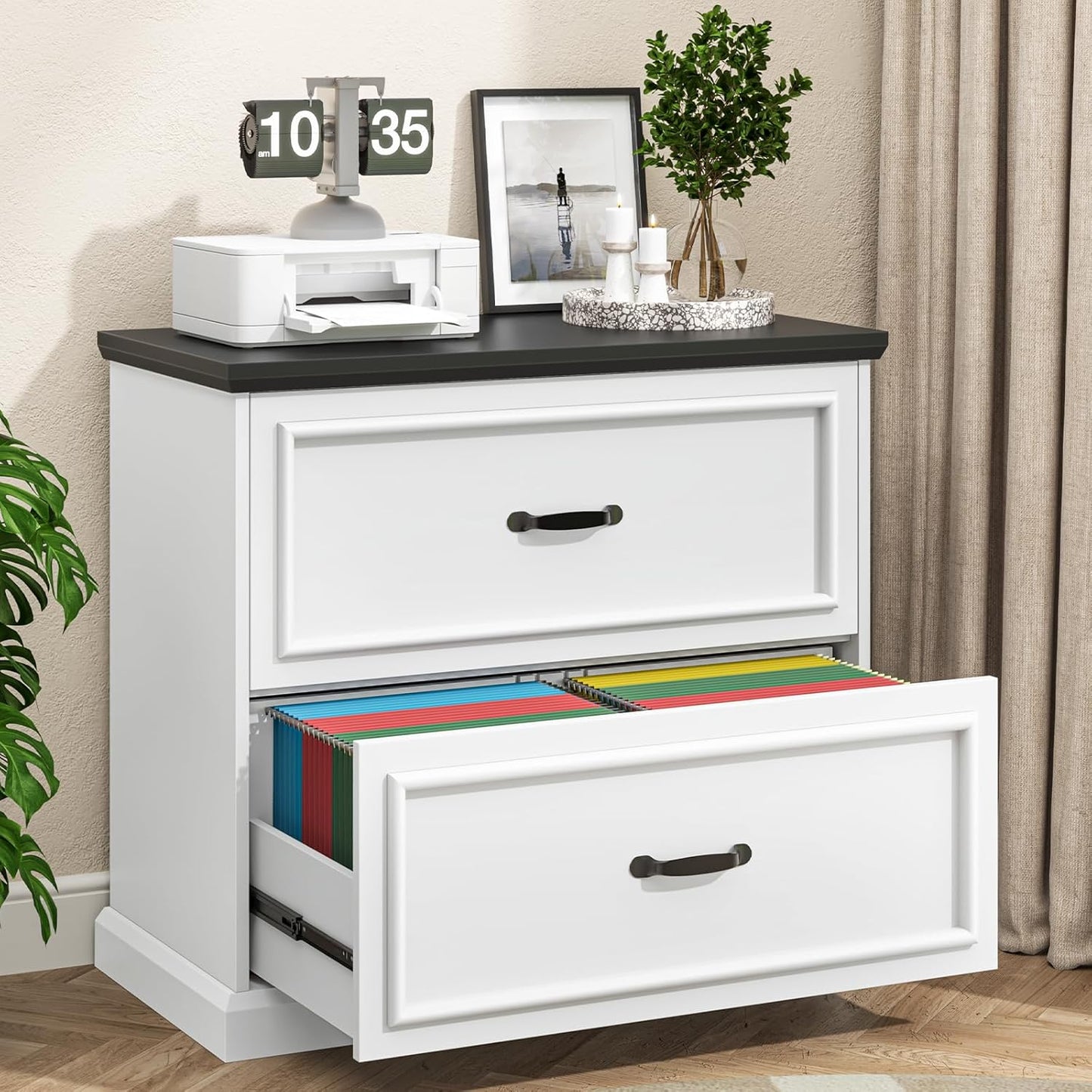 Vertical File Cabinet, Filing Cabinet with 2 File Drawers, Farmhouse Small File Cabinet Fits Letter/A4 Size, Wooden Printer Stand, Under Desk Cabinets for Home Office, Black