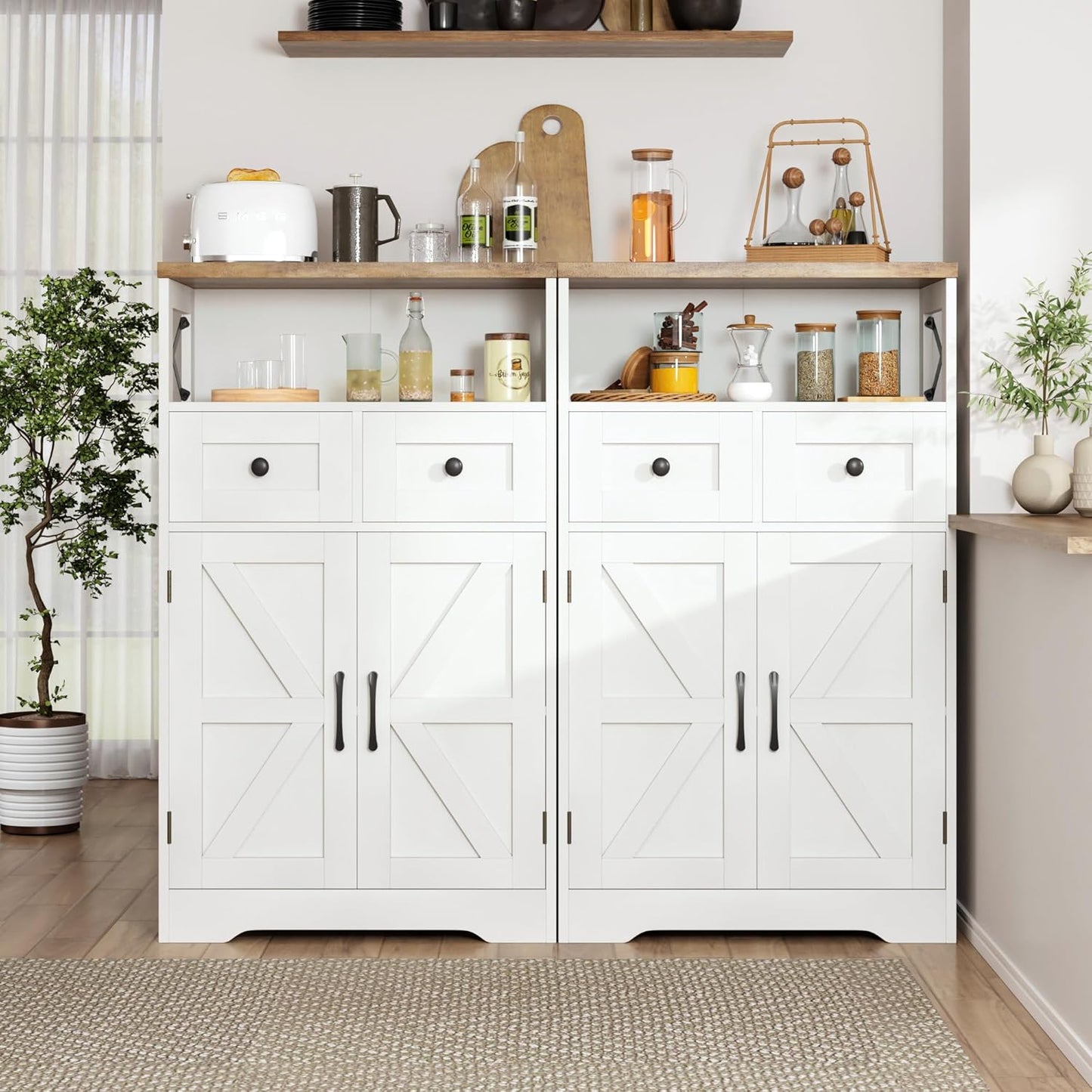 Farmhouse White Storage Cabinet with Doors and Drawers, Freestanding Kitchen Pantry Cabinet, Floor Storage Cabinet Hutch Cupboard for Kitchen/Laundry/Living Room/Bedroom