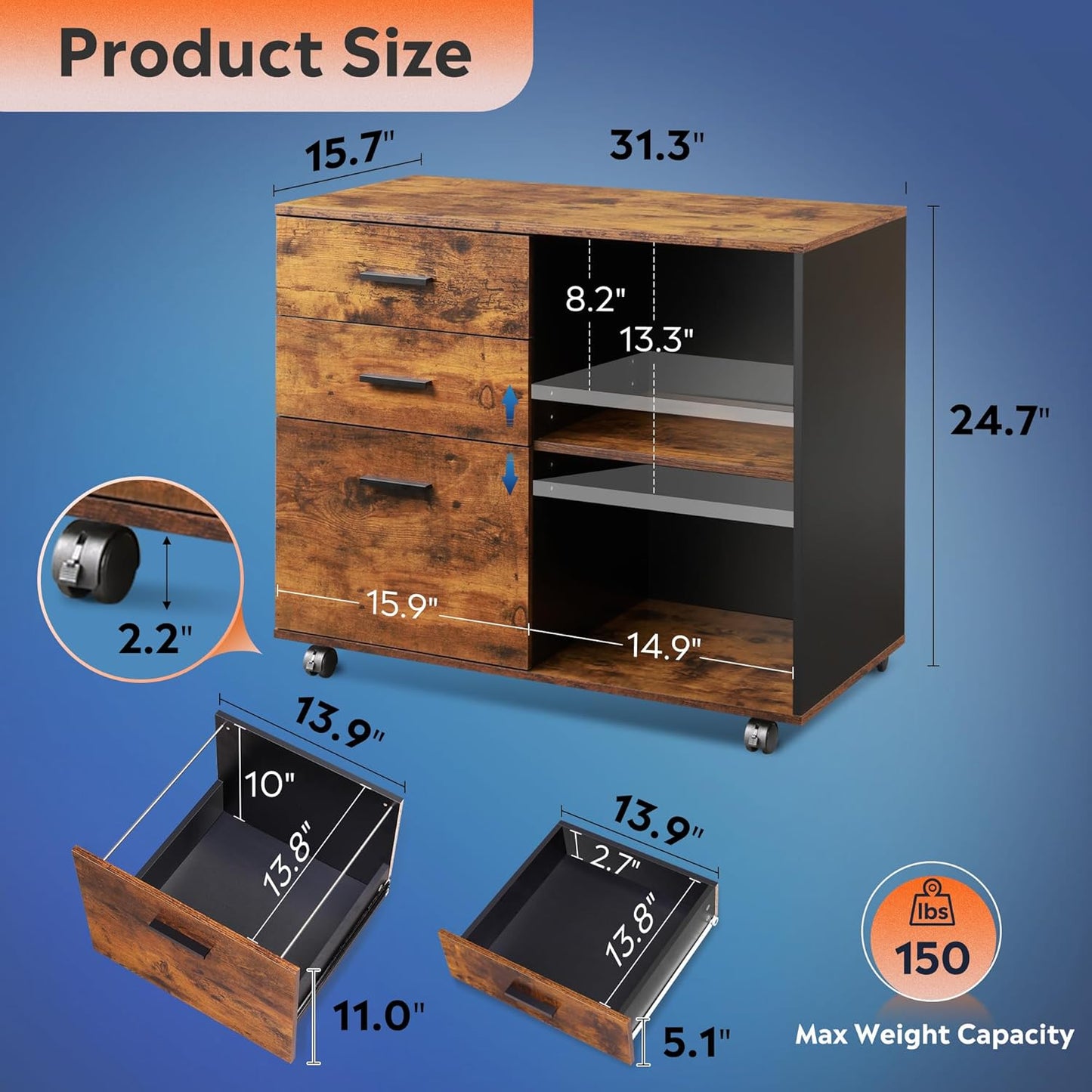 DEVAISE 3 Drawer Mobile File Cabinet, Wood Lateral Filing Cabinet, Printer Stand with Open Shelves for Home Office, Rustic Brown