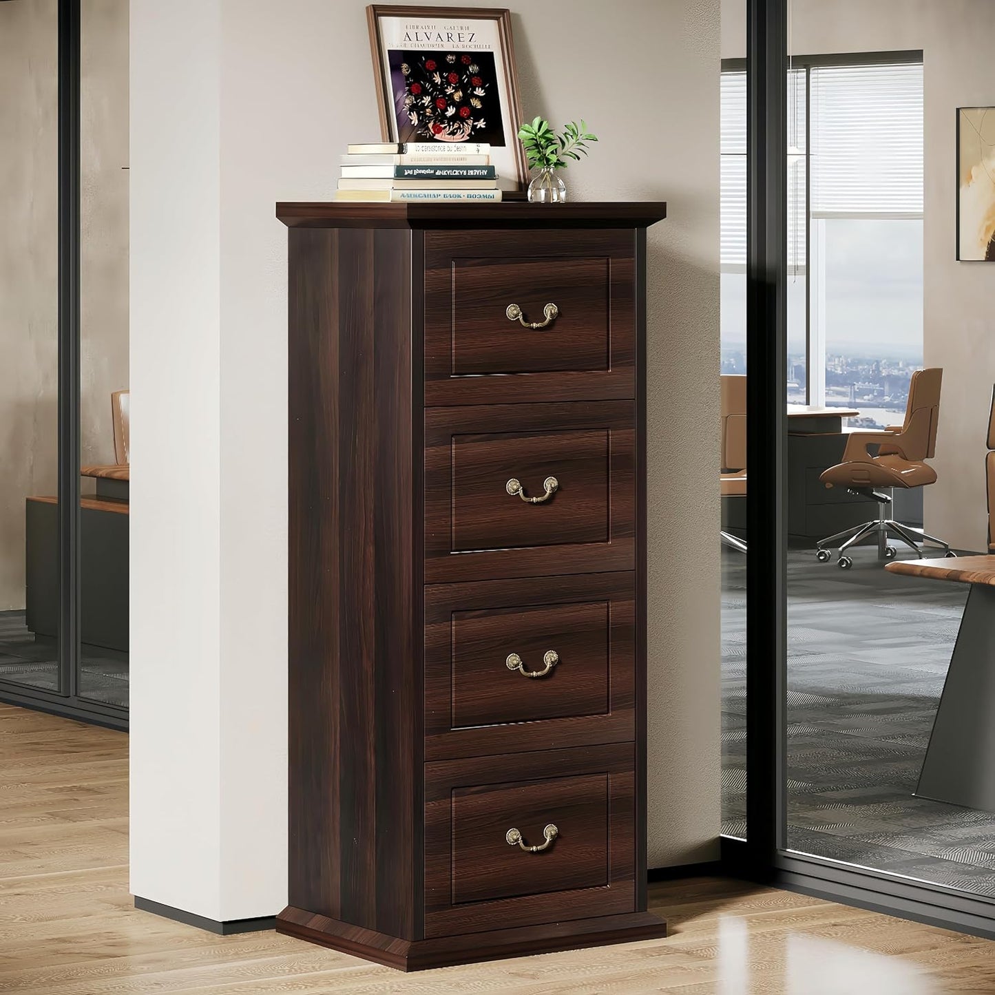Tribesigns 4-Drawer File Filing Cabinet, Vertical File Cabinet Office Wood Filing Cabinet for A4 /Letter Size Narrow Tall File Storage for Honhe Office, Walnut