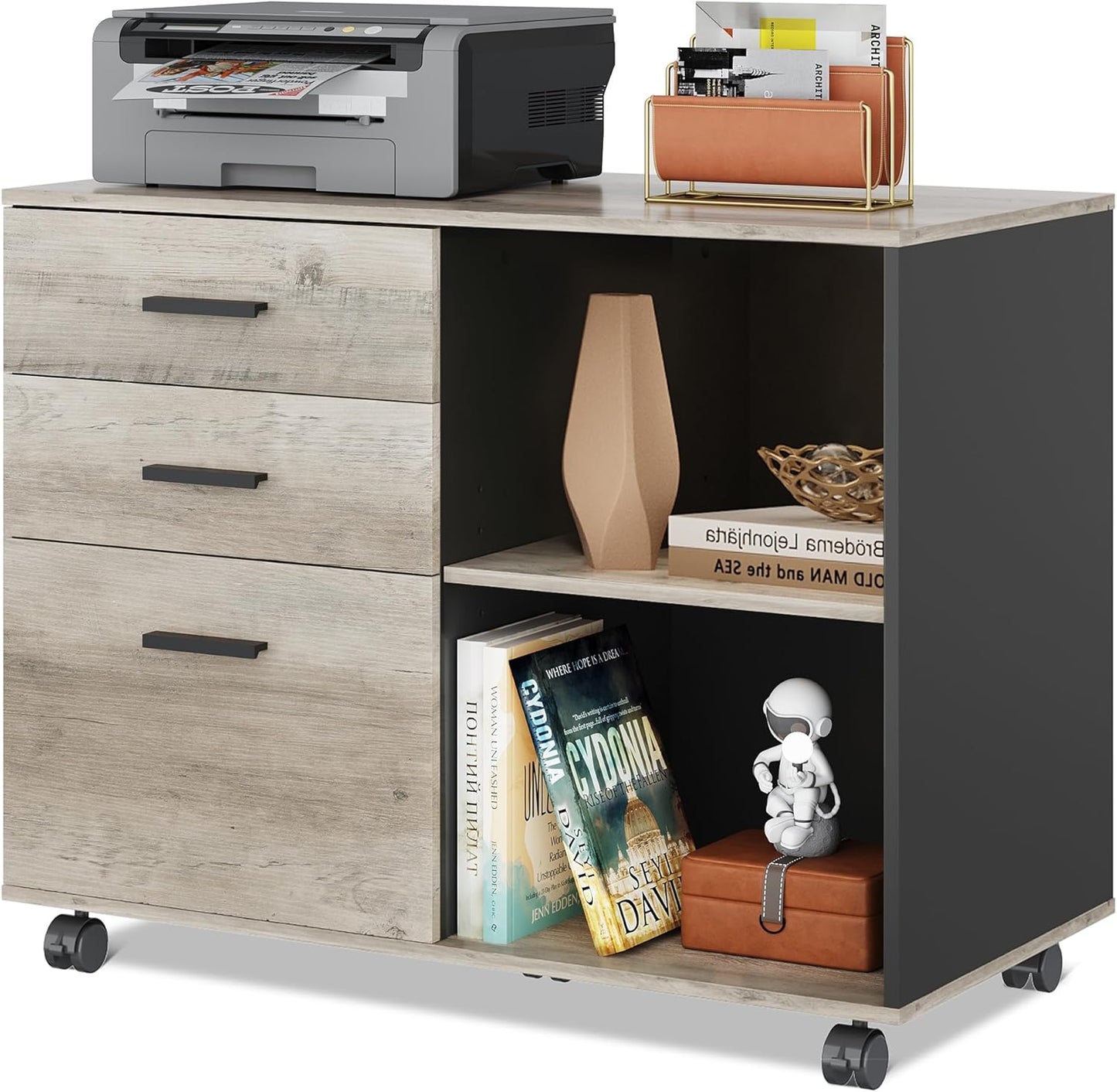 DEVAISE 3 Drawer Mobile File Cabinet, Wood Lateral Filing Cabinet, Printer Stand with Open Shelves for Home Office, Rustic Brown