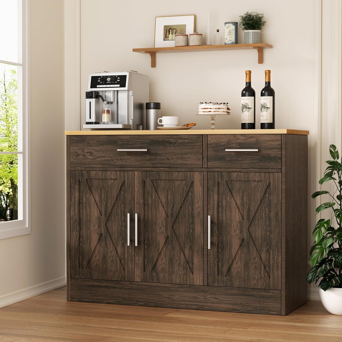 Shintenchi 3 Doors Farmhouse Sideboard Buffet Cabinet,41" Barn Doors Buffet Cabinet with Storage,Wood Coffee Bar Cabinet with Adjustable Shelf for Kitchen,Living Room,White