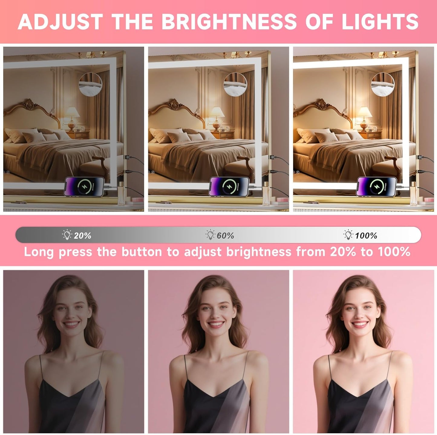 Vanity Mirror with Lights, 23" x 18" LED Makeup Mirror with 10X Magnification, Dimmable 3 Modes, Memory Function, Smart Touch, USB Charging Port, Lighted Makeup Mirror Square Glod