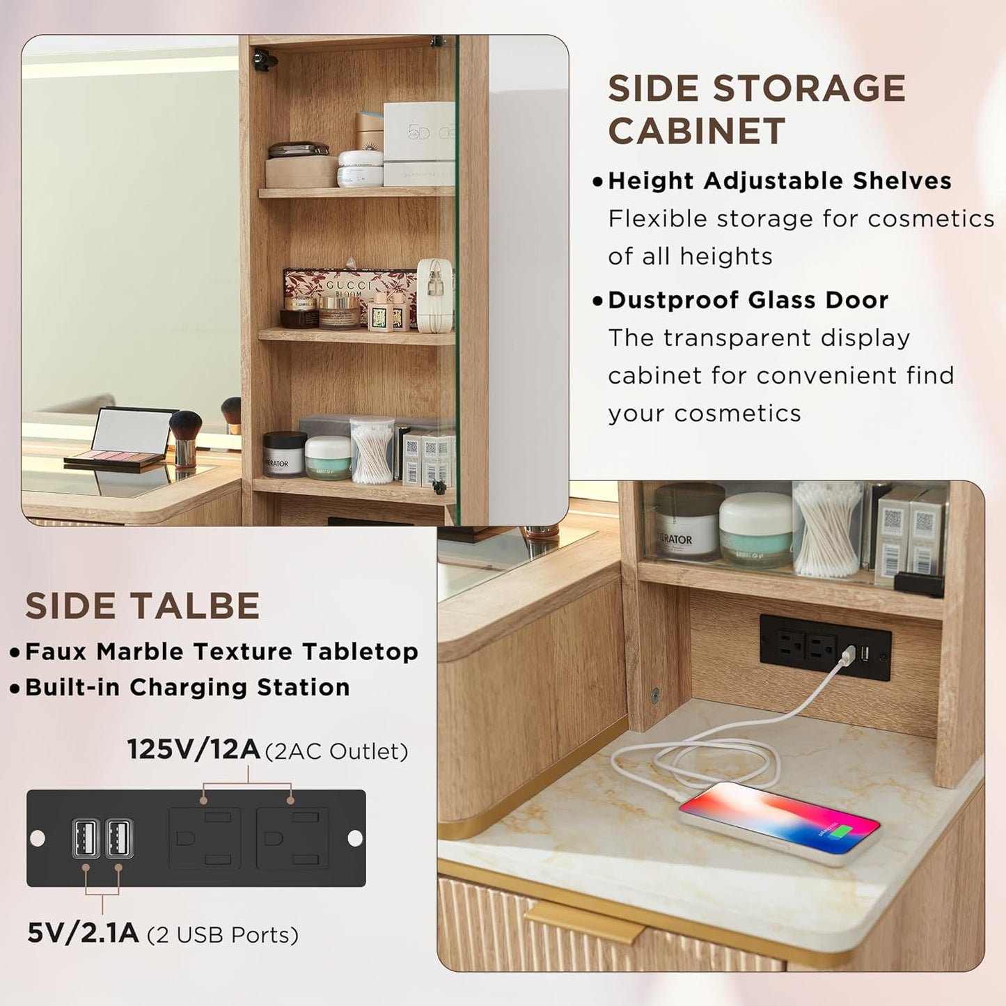 T4TREAM Fluted Makeup Vanity Desk with 36" HD Lighted Mirror, 48" Big Modern Vanity Desk with Mirror and Lights, Dressing Table with 5 Drawers & Shelves, Glass Top for Bedroom (Natural Oak)