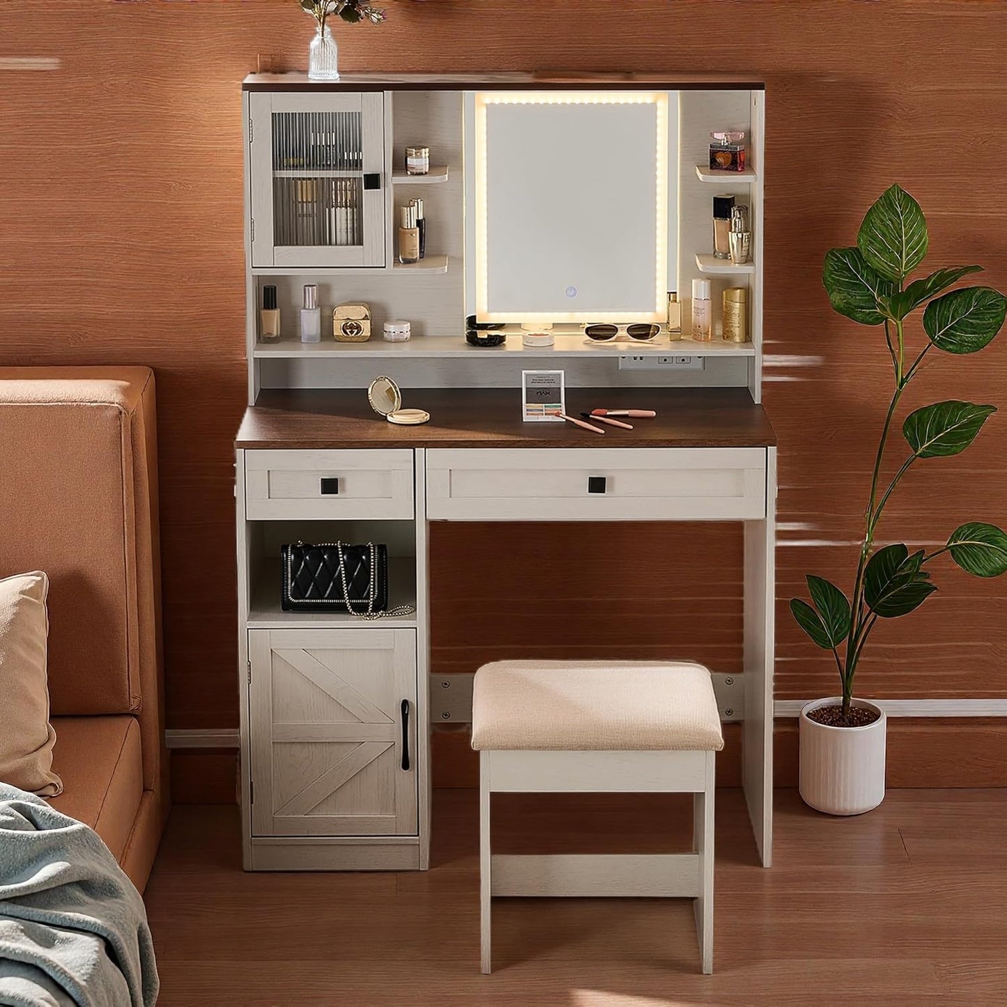 Wooden Makeup Vanity Desk, Modern Dressing Table with Spacious Desktop & Large Drawer, Stool, Space-Saving Dresser Table with Side Cabinets & Charging Port for Small Places, Walnut