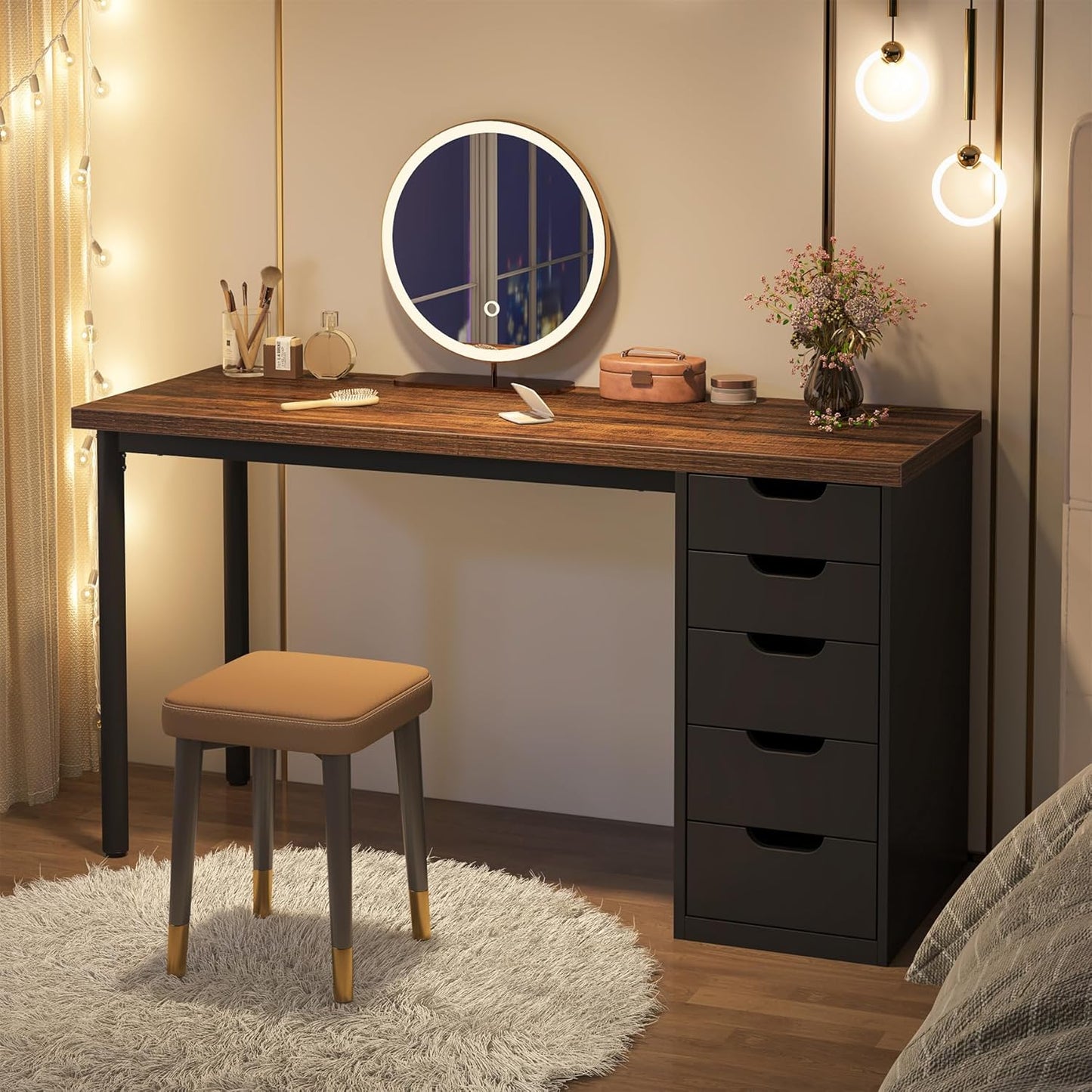 Tribesigns 47 inches Vanity Desk with 5 Drawers, Rustic Brown Makeup Vanity Table Dressing Table with Storage, Modern Simple Computer Desk for Women, Girls