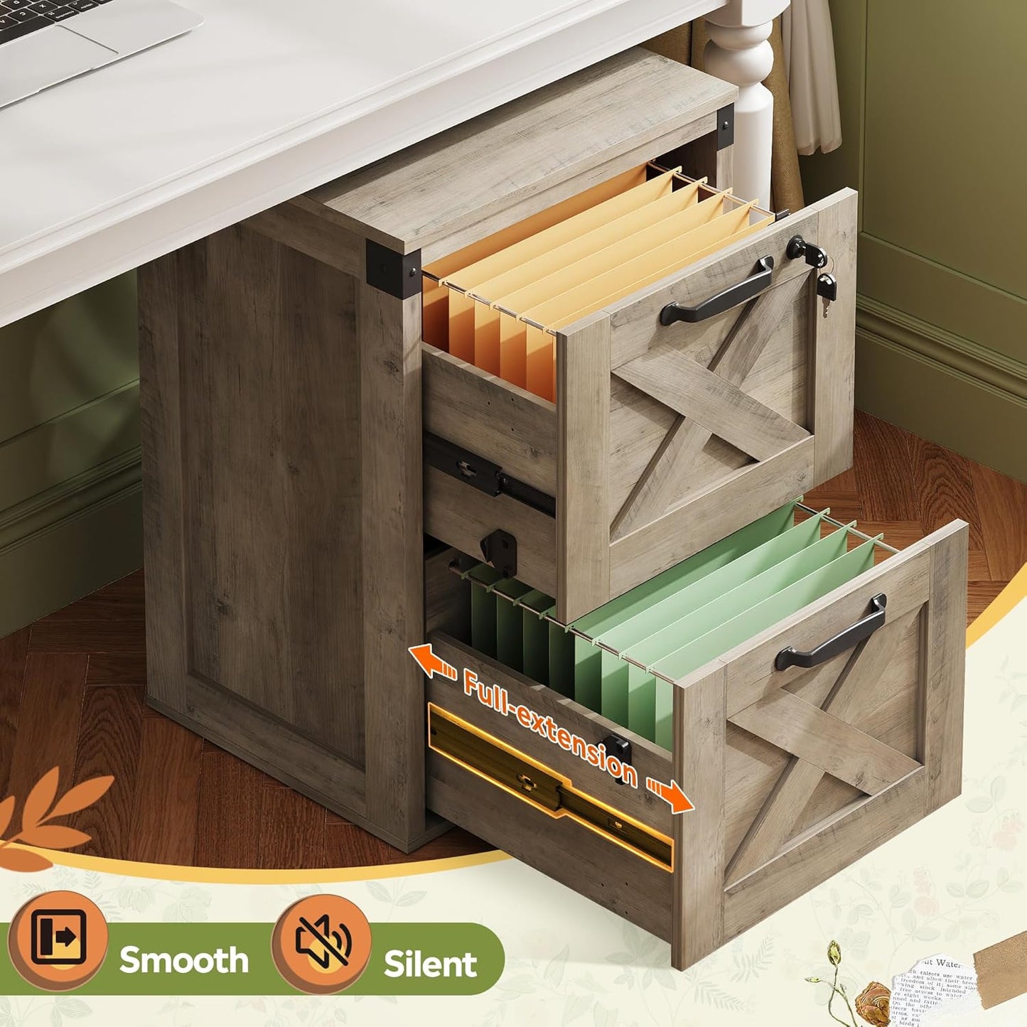 DEVAISE 2 Drawer File Cabinet with Lock, Wood Farmhouse Filing Cabinet for Home Office, Printer Stand Fits Letter and A4 Size, Gray Oak