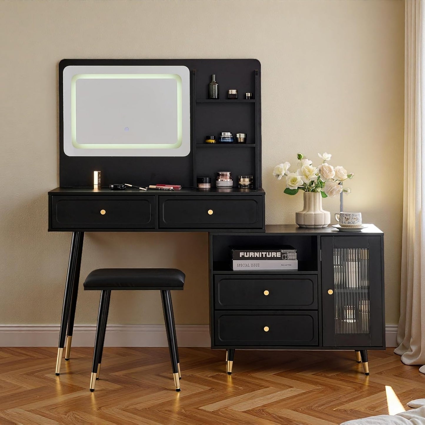 Wooden Makeup Vanity Desk, Modern Dressing Table with Spacious Desktop & Large Drawer, Stool, Space-Saving Dresser Table with Side Cabinets & Charging Port for Small Places, Walnut