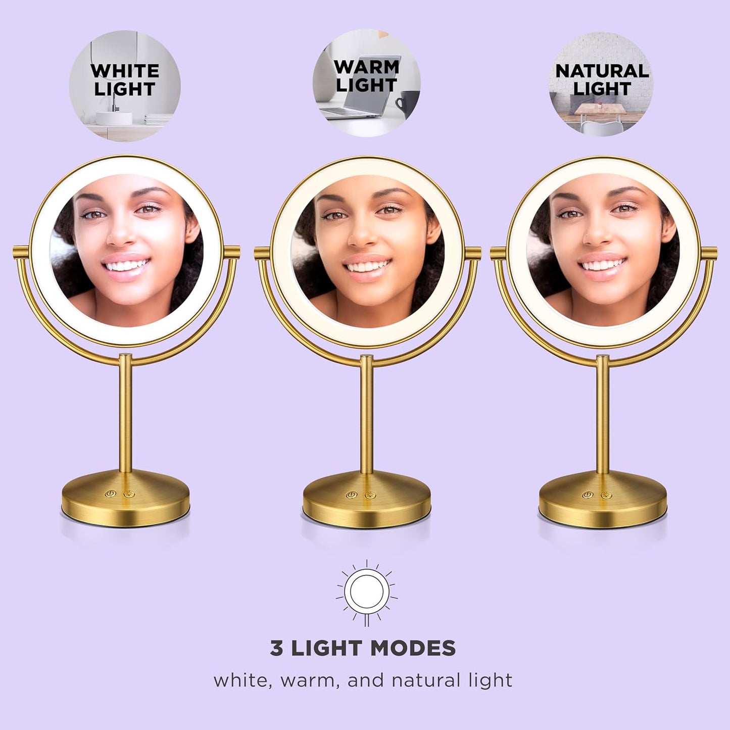 Conair Lighted Makeup Mirror, Double-Sided LED Vanity Mirror with 1X/10X Magnification, 3 Light Settings, 3 Modes, 360° Rotation, Brushed Brass Finish