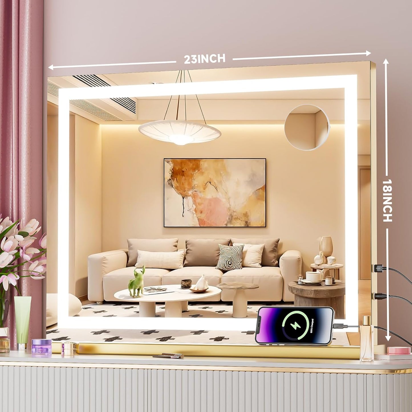 Vanity Mirror with Lights, 23" x 18" LED Makeup Mirror with 10X Magnification, Dimmable 3 Modes, Memory Function, Smart Touch, USB Charging Port, Lighted Makeup Mirror Square Glod