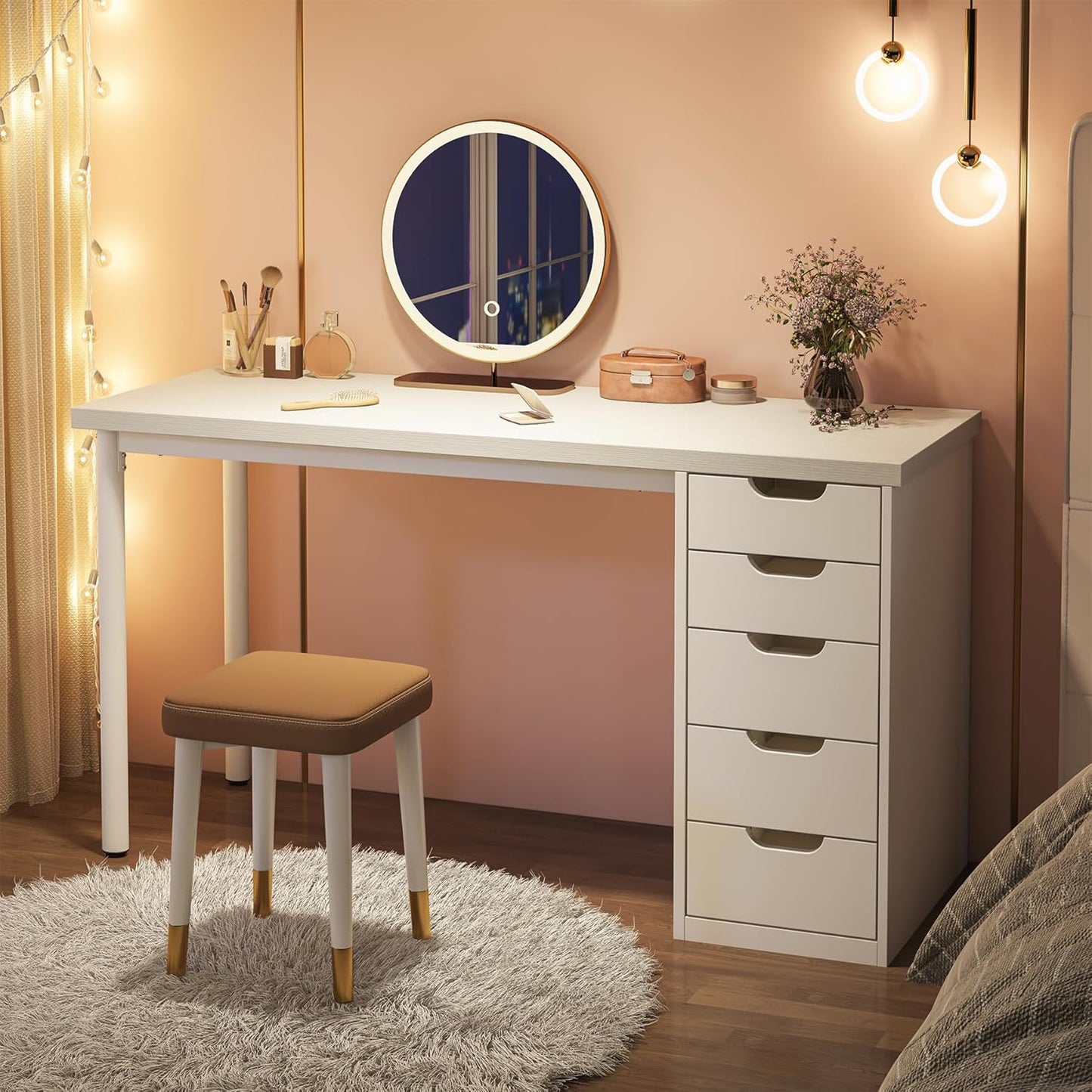 Tribesigns 47 inches Vanity Desk with 5 Drawers, Rustic Brown Makeup Vanity Table Dressing Table with Storage, Modern Simple Computer Desk for Women, Girls