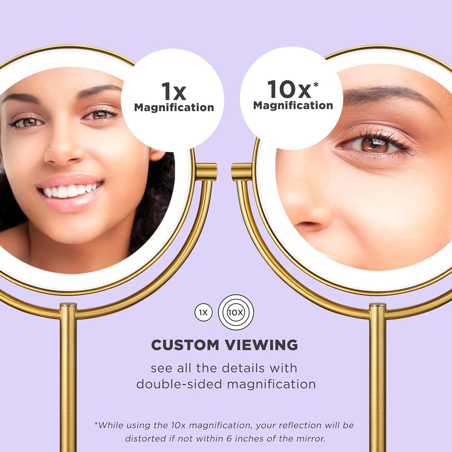 Conair Lighted Makeup Mirror, Double-Sided LED Vanity Mirror with 1X/10X Magnification, 3 Light Settings, 3 Modes, 360° Rotation, Brushed Brass Finish