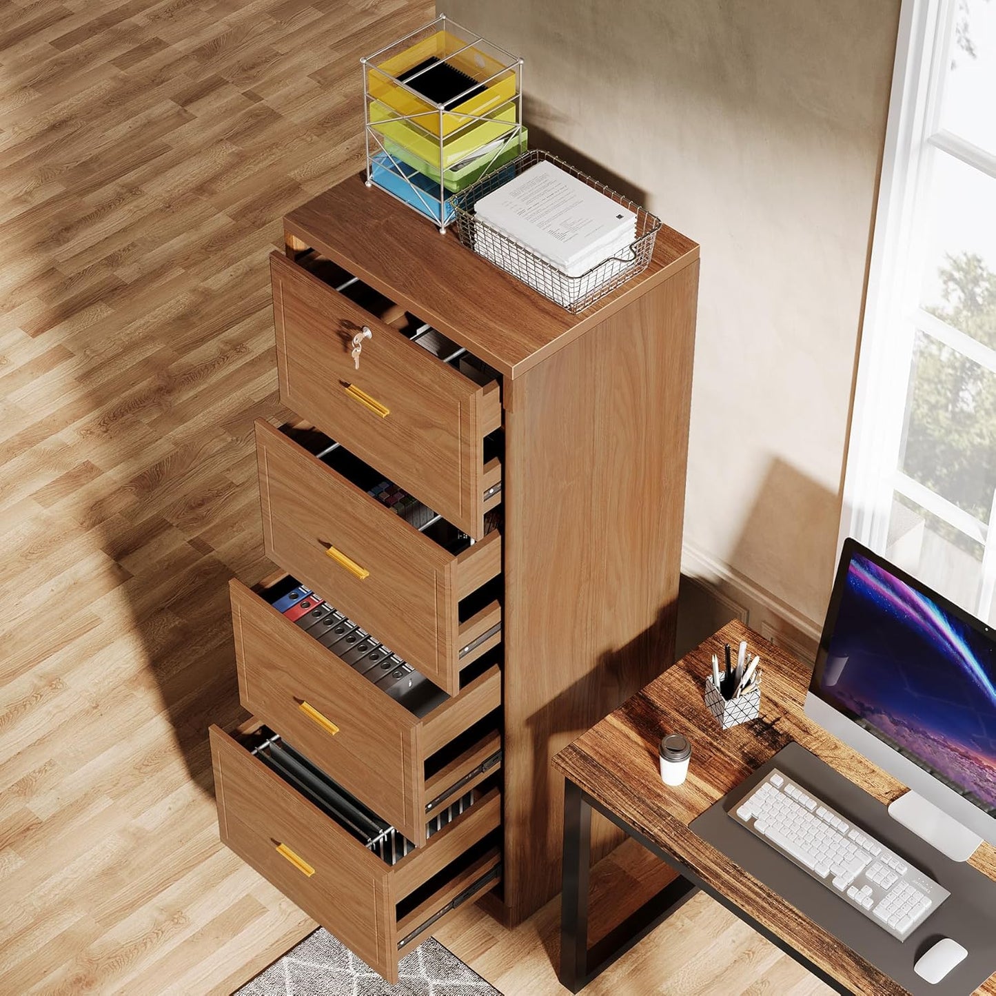 Tribesigns 4-Drawer File Cabinet with Lock, Locked File Cabinet with Key, Tall Wooden Filing Cabinets for Home Office, Vertical Office Storage for Legal Size/Letter/A4/Files, Brown