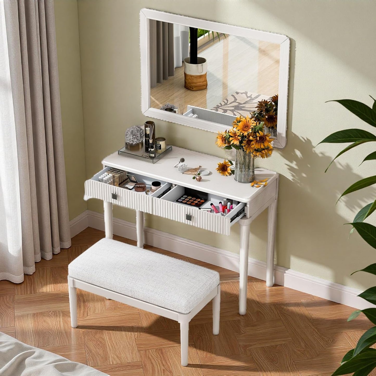 Wooden Makeup Vanity Desk, Modern Dressing Table with Spacious Desktop & Large Drawer, Stool, Space-Saving Dresser Table with Side Cabinets & Charging Port for Small Places, Walnut