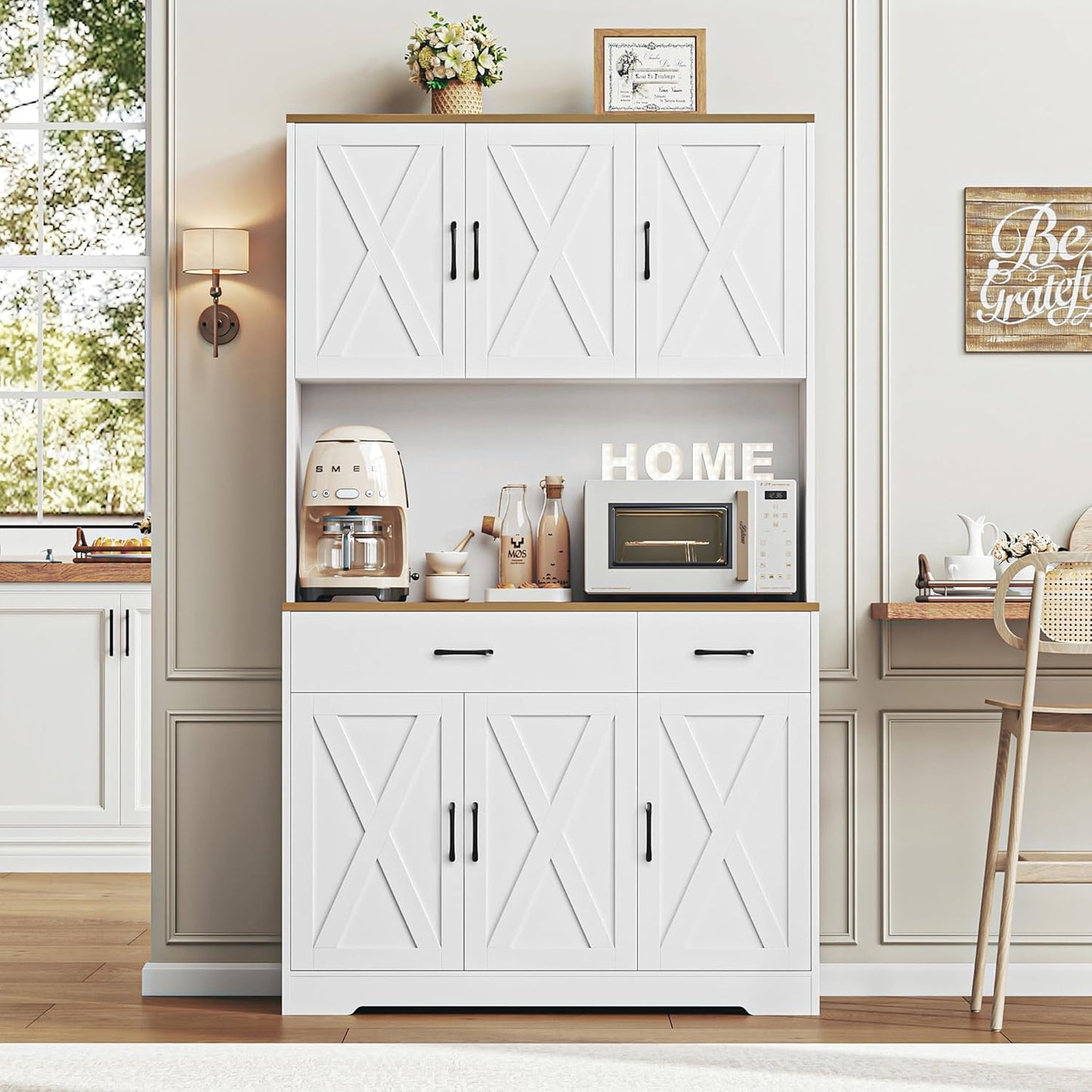 HOSTACK 71" Pantry Cabinet with Charging Station, Tall Kitchen Pantry Storage Cabinet with Microwave Stand, Farmhouse Kitchen Hutch with Storage Drawers for Living Room, Dining Room, White