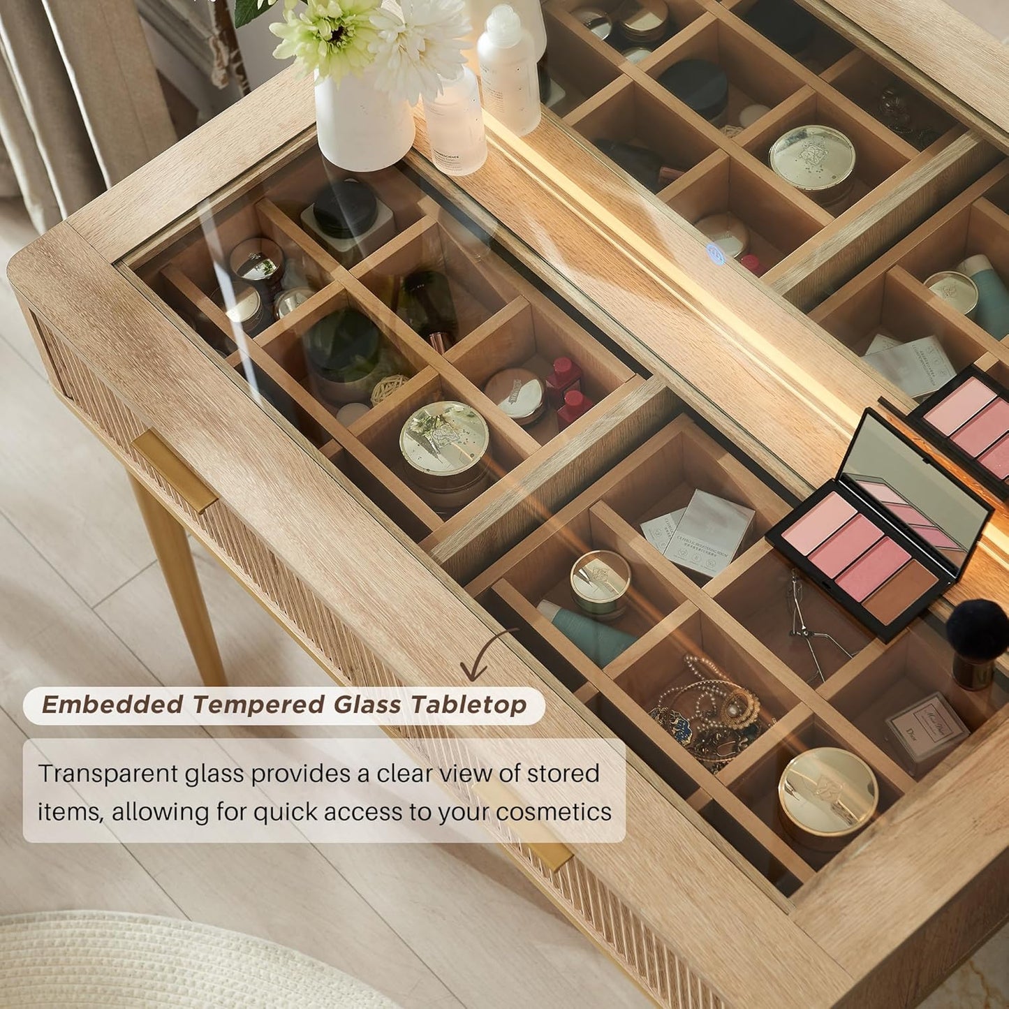 T4TREAM Fluted Makeup Vanity Desk with 36" HD Lighted Mirror, 48" Big Modern Vanity Desk with Mirror and Lights, Dressing Table with 5 Drawers & Shelves, Glass Top for Bedroom (Natural Oak)