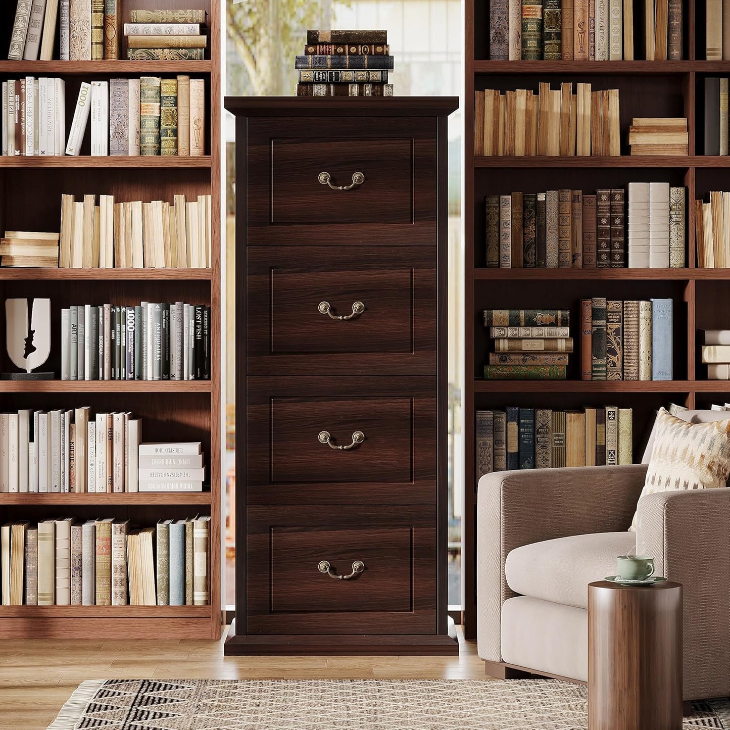 Tribesigns 4-Drawer File Filing Cabinet, Vertical File Cabinet Office Wood Filing Cabinet for A4 /Letter Size Narrow Tall File Storage for Honhe Office, Walnut