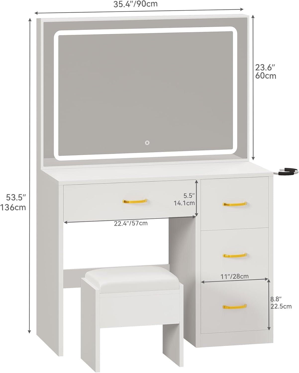 YITAHOME Vanity Desk Set with Large 35" LED Mirror and Lights, Makeup Table with 4 Drawers & Stool, 2 AC Outlets and 2 USB Ports, Adjustable Lighting, Modern Ample Storage Dressing Table, White