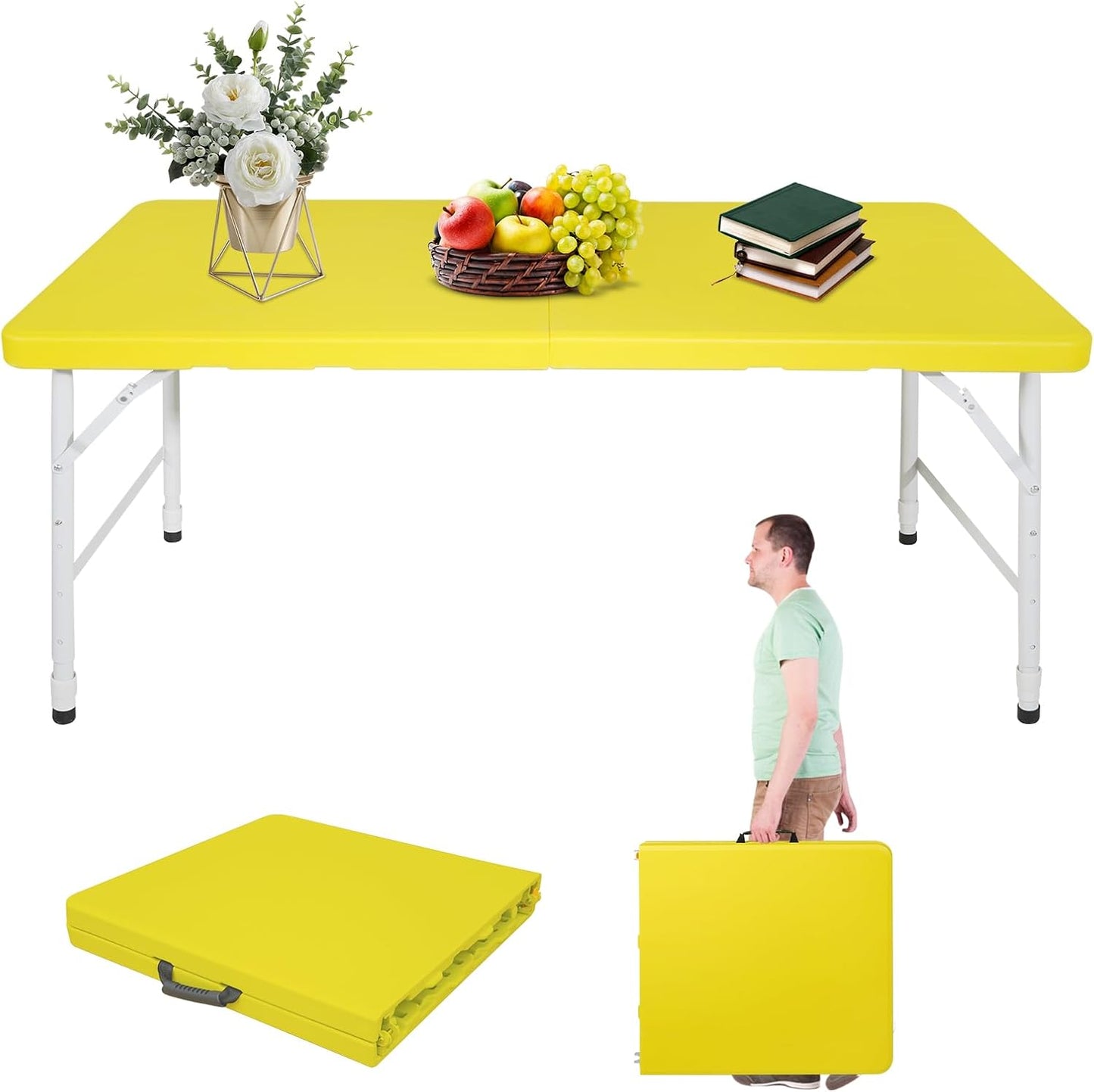 Portable 6Ft Folding Table, Heavy Duty Plastic Fold-in-Half Utility Foldable Dining Table, Multi-Purpose Plastic Folding Table with Carrying Handle for Camping and Party Indoor/Outdoor (Pink)