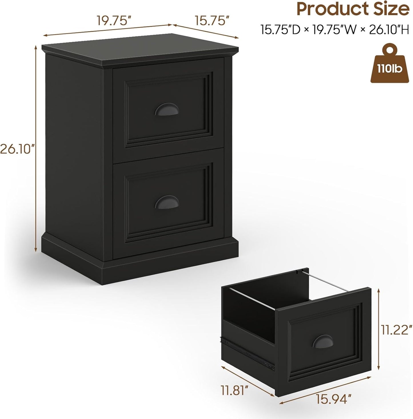 Vertical File Cabinet, Filing Cabinet with 2 File Drawers, Farmhouse Small File Cabinet Fits Letter/A4 Size, Wooden Printer Stand, Under Desk Cabinets for Home Office, Black