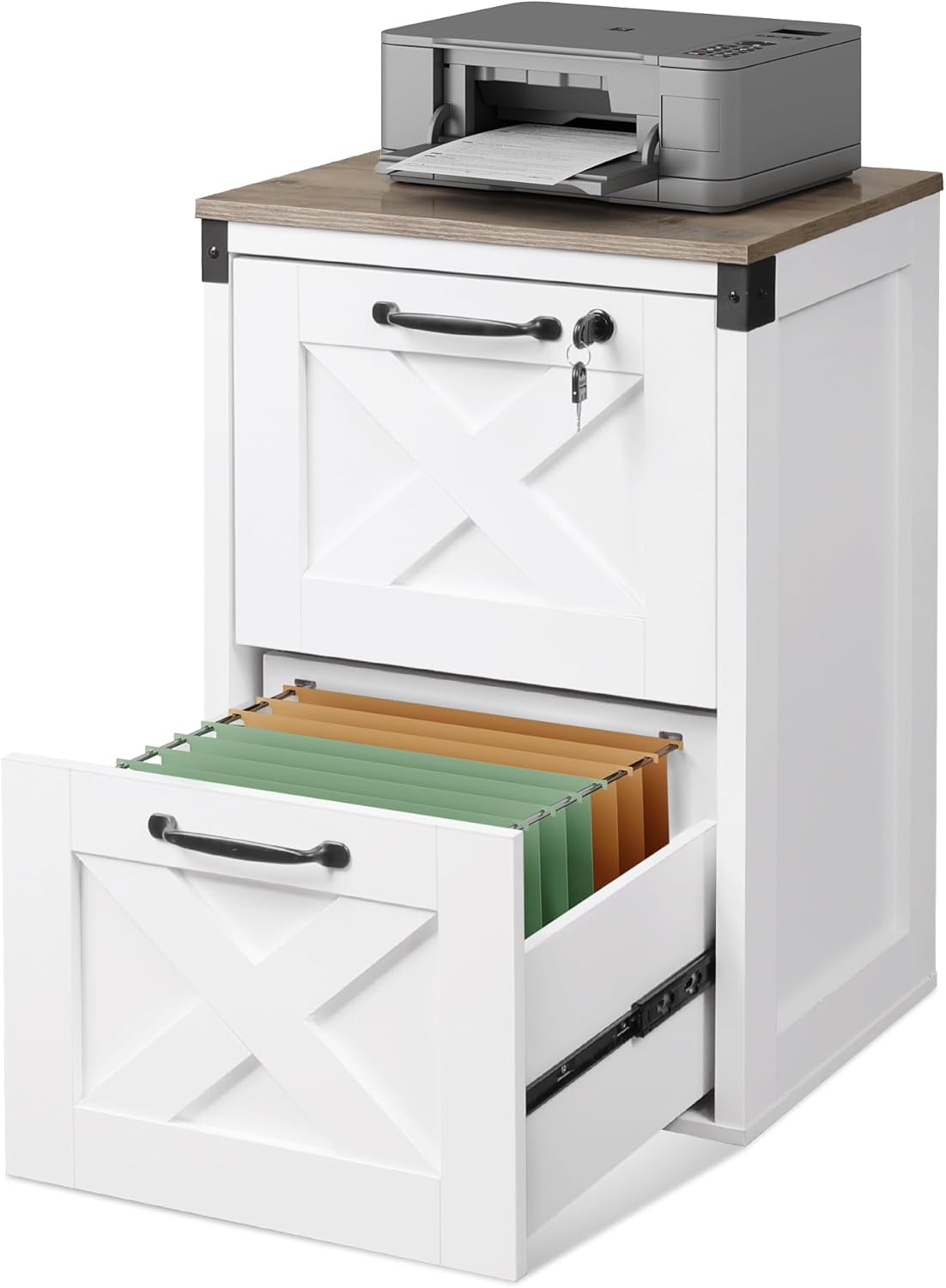 DEVAISE 2 Drawer File Cabinet with Lock, Wood Farmhouse Filing Cabinet for Home Office, Printer Stand Fits Letter and A4 Size, Gray Oak