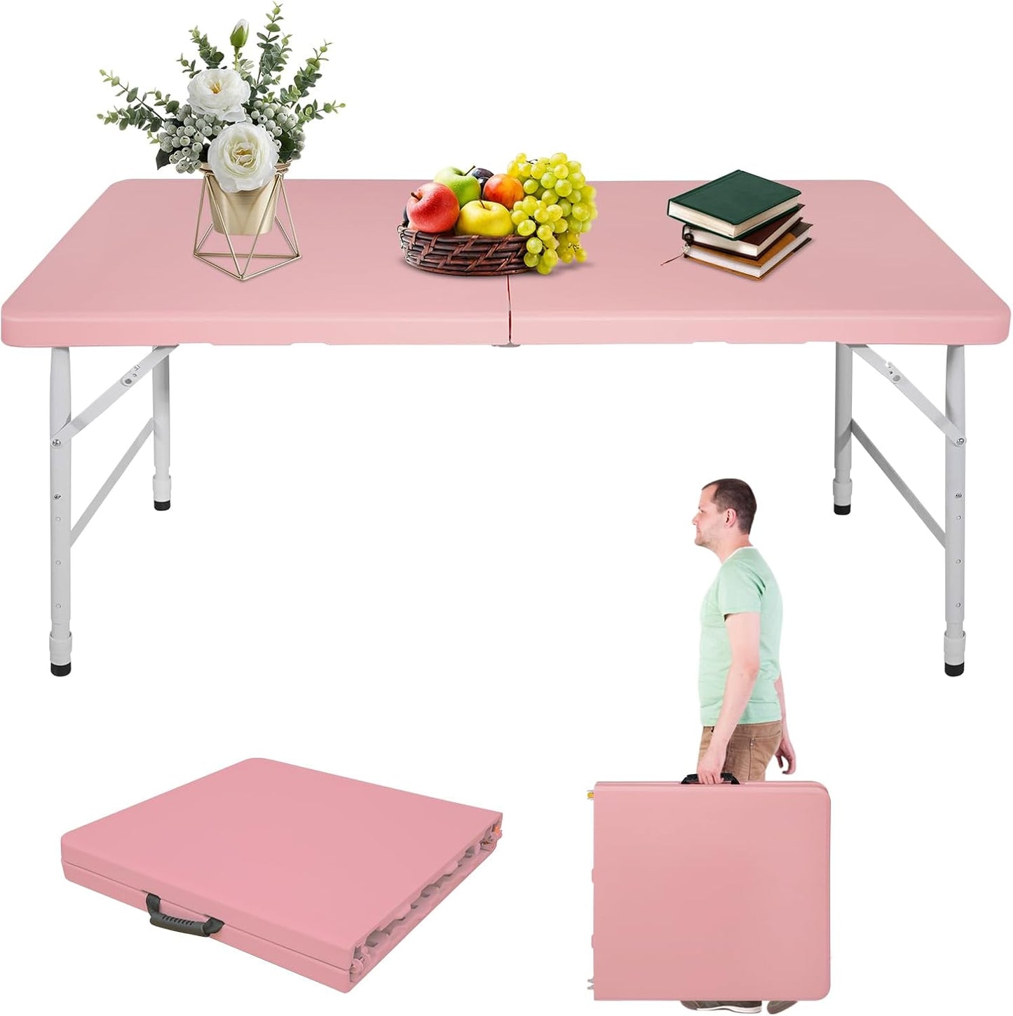 Portable 6Ft Folding Table, Heavy Duty Plastic Fold-in-Half Utility Foldable Dining Table, Multi-Purpose Plastic Folding Table with Carrying Handle for Camping and Party Indoor/Outdoor (Pink)