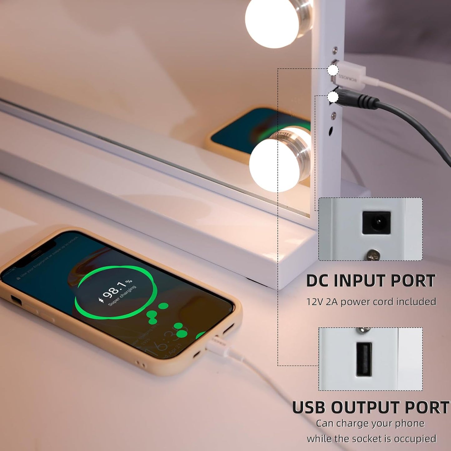 Hansong Vanity Mirror with Lights, 22''x18'' Hollywood Mirror, Makeup Mirror with 15 Dimmable Bulbs, 10X Magnification and USB Charging Port, White