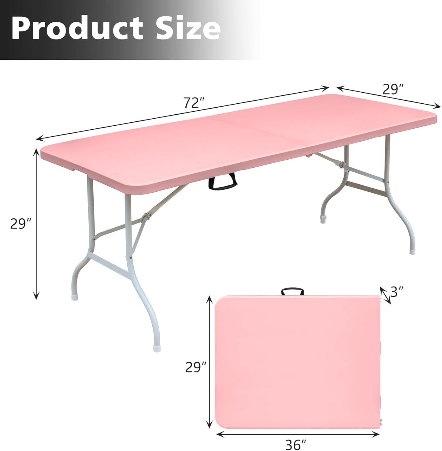 Portable 6Ft Folding Table, Heavy Duty Plastic Fold-in-Half Utility Foldable Dining Table, Multi-Purpose Plastic Folding Table with Carrying Handle for Camping and Party Indoor/Outdoor (Pink)