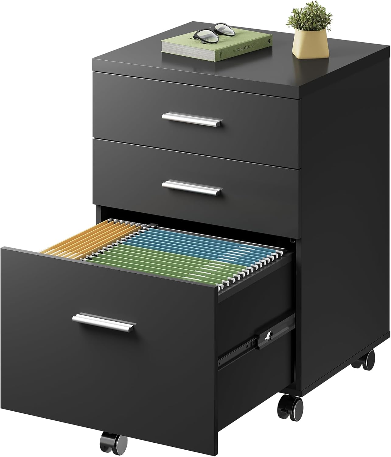 DEVAISE 3 Drawer File Cabinet for Home Office, Wood Under Desk Filing Cabinet, Rolling Printer Stand with Wheels, Walnut