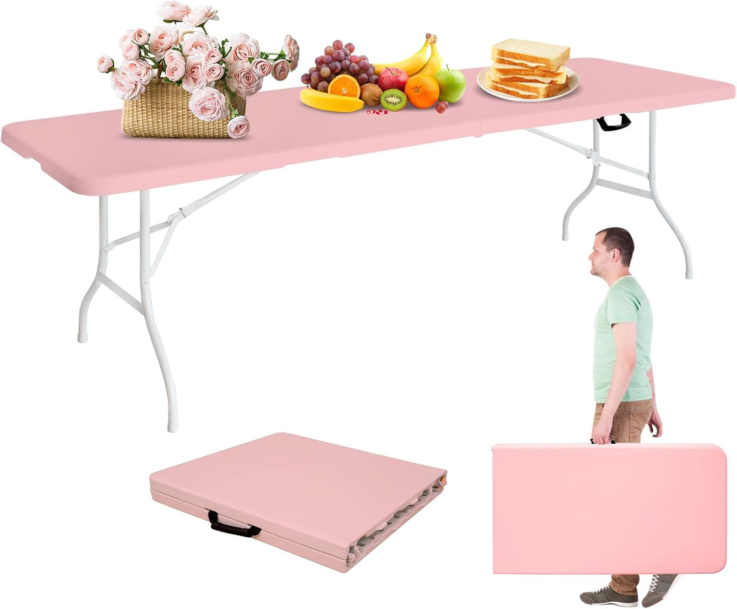 Portable 6Ft Folding Table, Heavy Duty Plastic Fold-in-Half Utility Foldable Dining Table, Multi-Purpose Plastic Folding Table with Carrying Handle for Camping and Party Indoor/Outdoor (Pink)