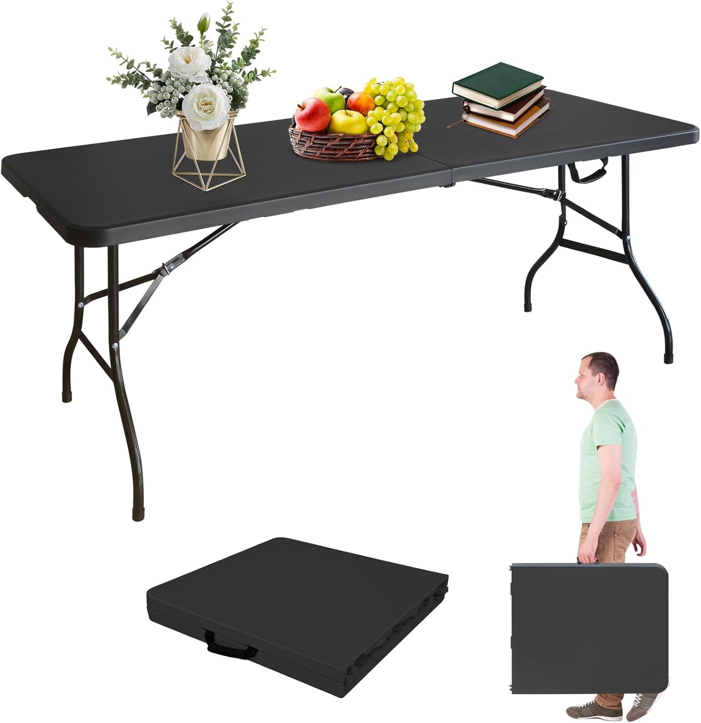 Portable 6Ft Folding Table, Heavy Duty Plastic Fold-in-Half Utility Foldable Dining Table, Multi-Purpose Plastic Folding Table with Carrying Handle for Camping and Party Indoor/Outdoor (Pink)