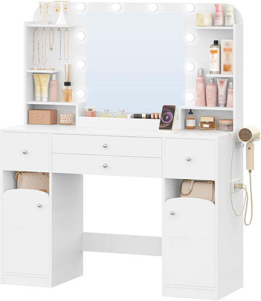 42.5" Large Vanity Desk，Dressing Table with Mirror and LED Light, Power Strip, 4 Drawers, 2 Open Storage Cabinets, and Jewelry Storage for Bedrooms, White