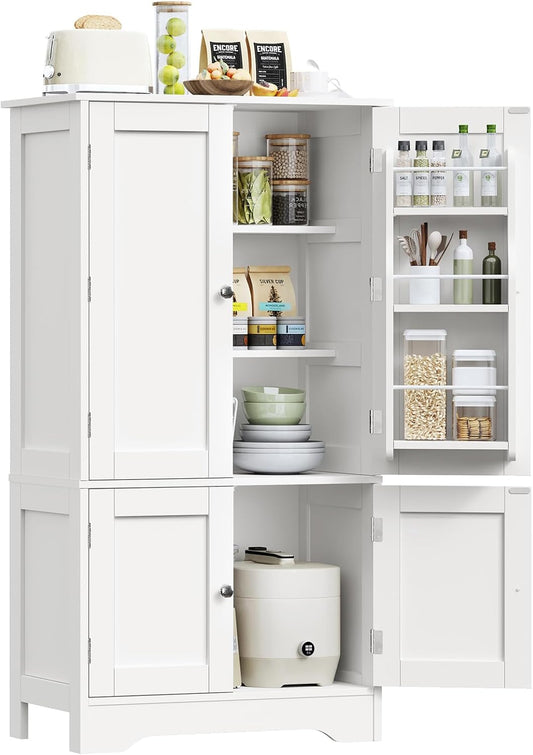 TEENFON 43'H Pantry Cabinet with 4 Doors, Kitchen Cabinet with 6 Door Shelves, Kitchen Pantry for Living Room, Dining Room, Bathroom, White