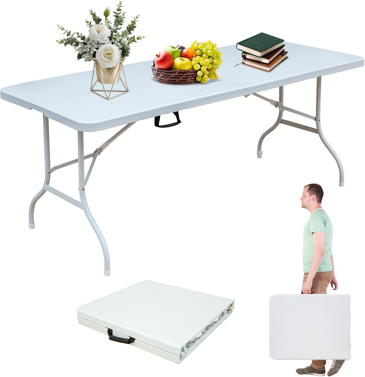 Portable 6Ft Folding Table, Heavy Duty Plastic Fold-in-Half Utility Foldable Dining Table, Multi-Purpose Plastic Folding Table with Carrying Handle for Camping and Party Indoor/Outdoor (Pink)