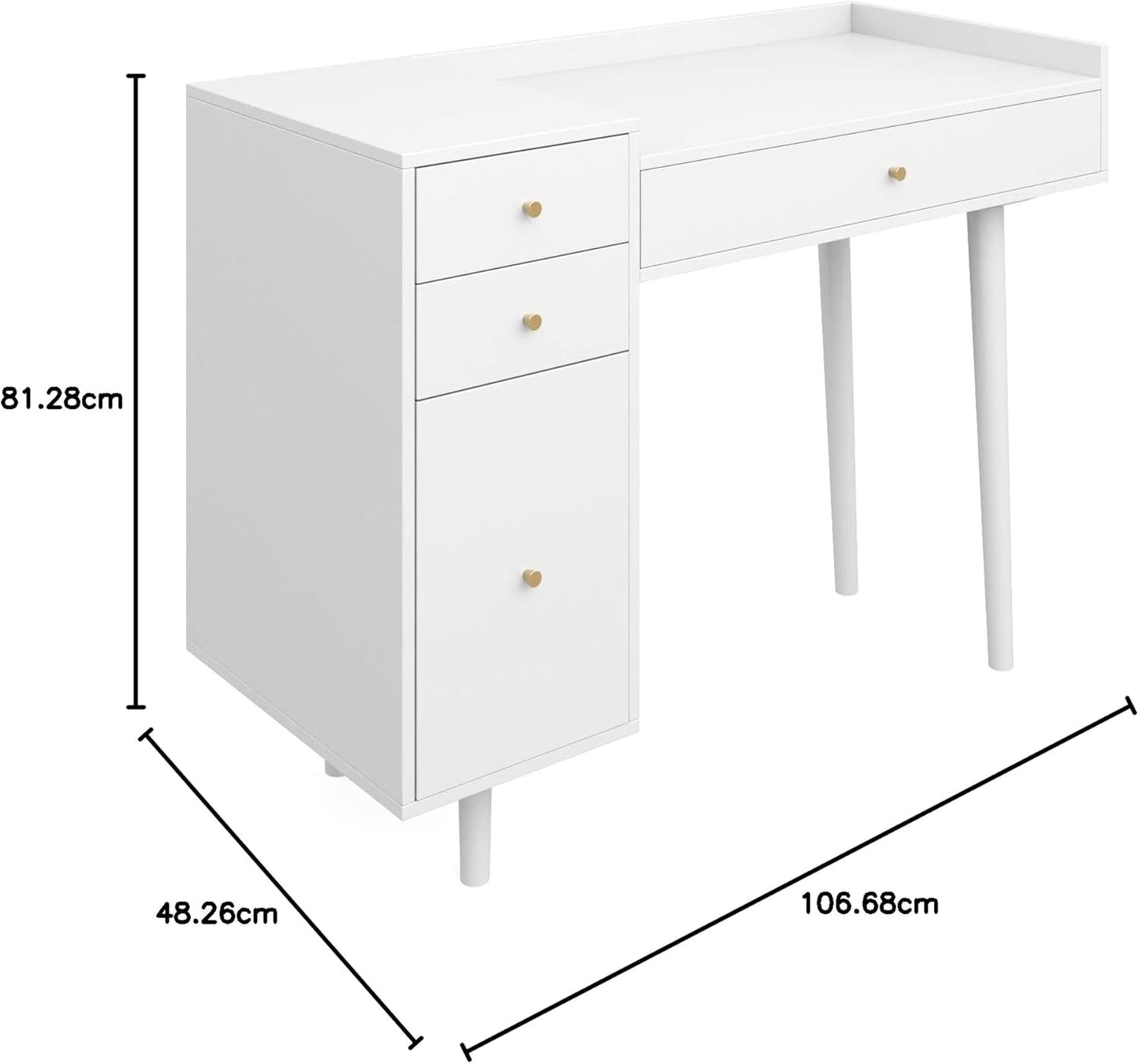 Nathan James Daisy Vanity Dressing Table or Makeup Desk with 4-Drawers and Brass Accent Knobs, White Wood