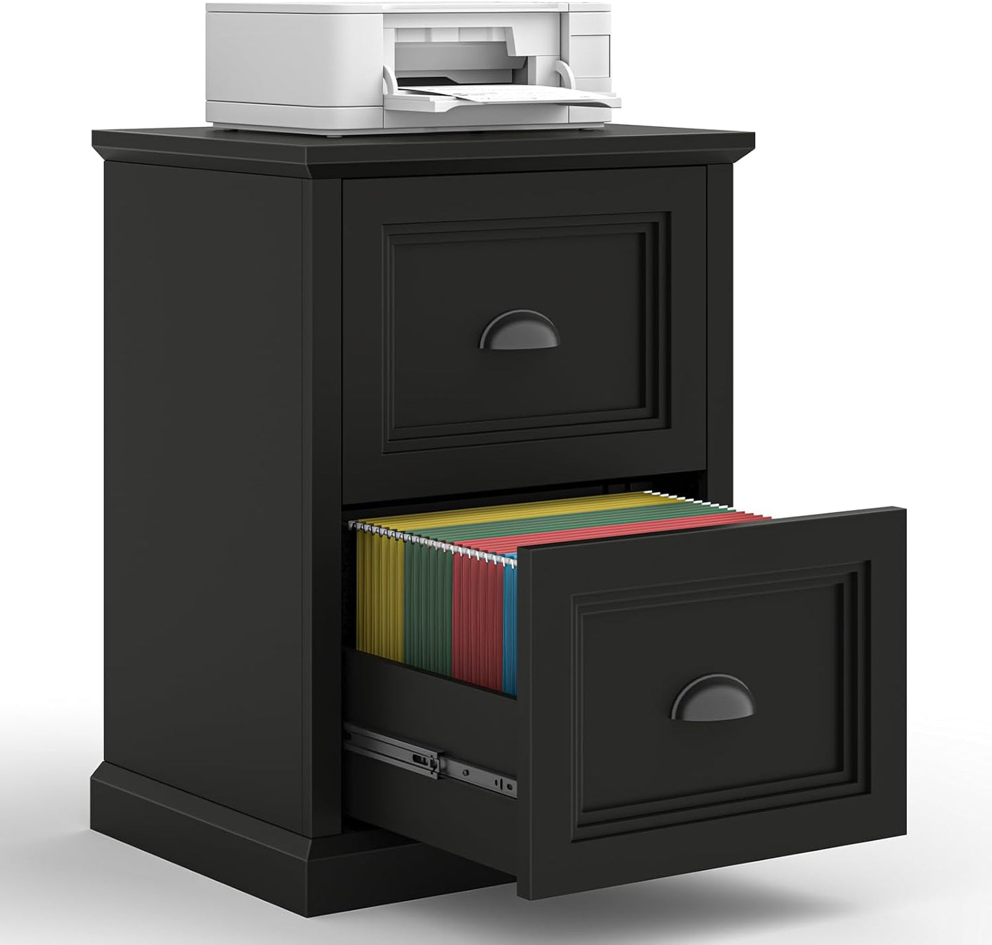 Vertical File Cabinet, Filing Cabinet with 2 File Drawers, Farmhouse Small File Cabinet Fits Letter/A4 Size, Wooden Printer Stand, Under Desk Cabinets for Home Office, Black