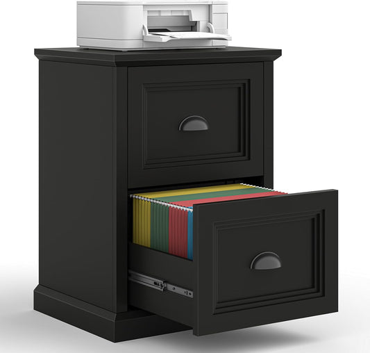 Vertical File Cabinet, Filing Cabinet with 2 File Drawers, Farmhouse Small File Cabinet Fits Letter/A4 Size, Wooden Printer Stand, Under Desk Cabinets for Home Office, Black
