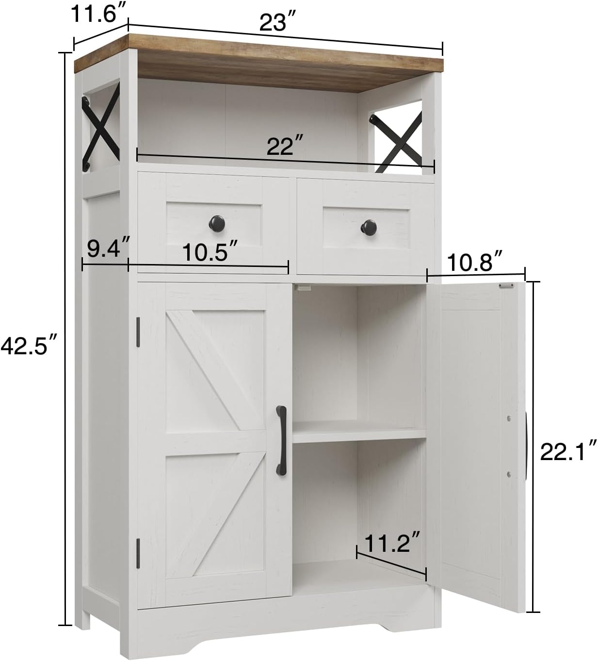 Farmhouse White Storage Cabinet with Doors and Drawers, Freestanding Kitchen Pantry Cabinet, Floor Storage Cabinet Hutch Cupboard for Kitchen/Laundry/Living Room/Bedroom