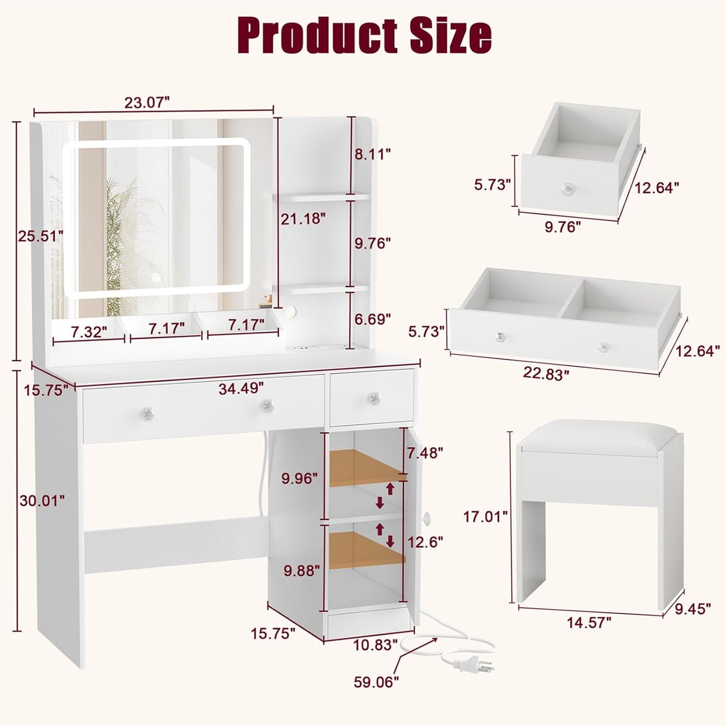 Makeup Vanity Desk with Mirror and Lights,Vanity Set with Mirror and Stool and Lights 3 Color,White Vanity Desk with Drawers,Make Up Table with Power Outlet,Dressing Table with Cabinet,Storage Shelves