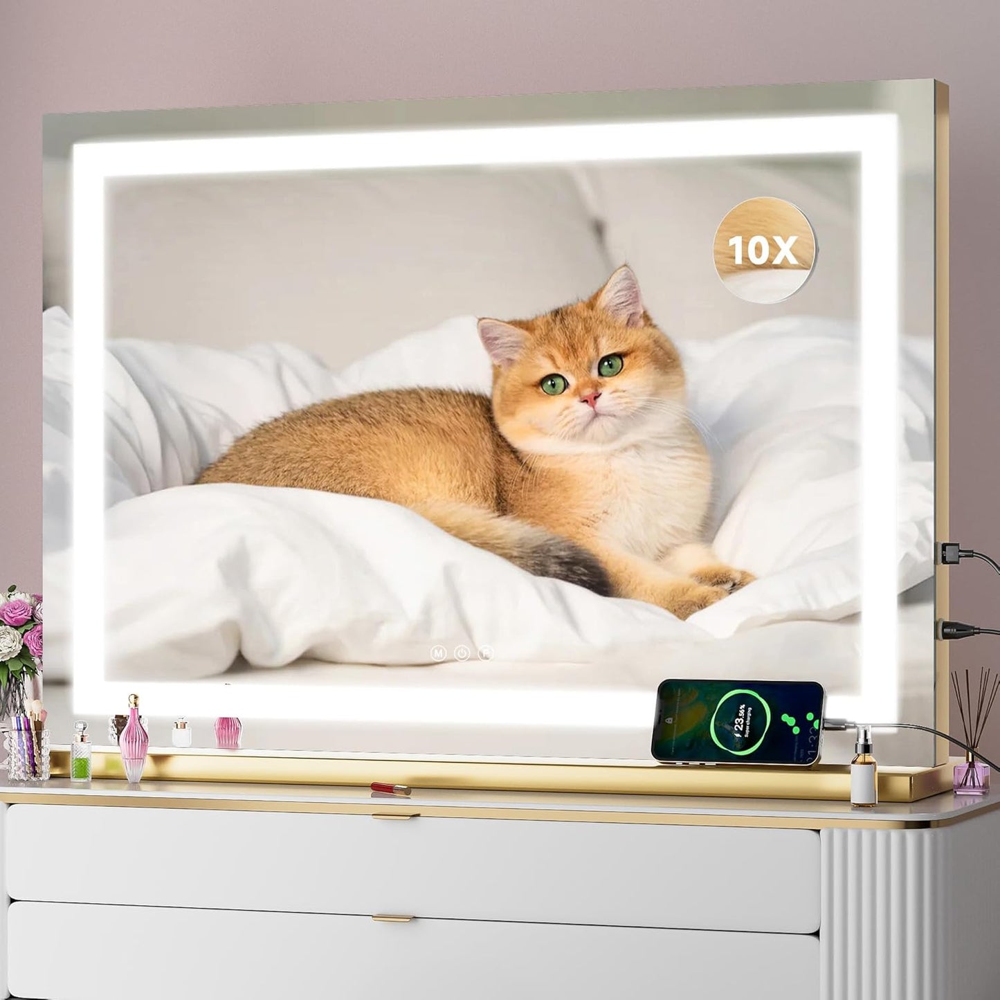 Vanity Mirror with Lights, 23" x 18" LED Makeup Mirror with 10X Magnification, Dimmable 3 Modes, Memory Function, Smart Touch, USB Charging Port, Lighted Makeup Mirror Square Glod