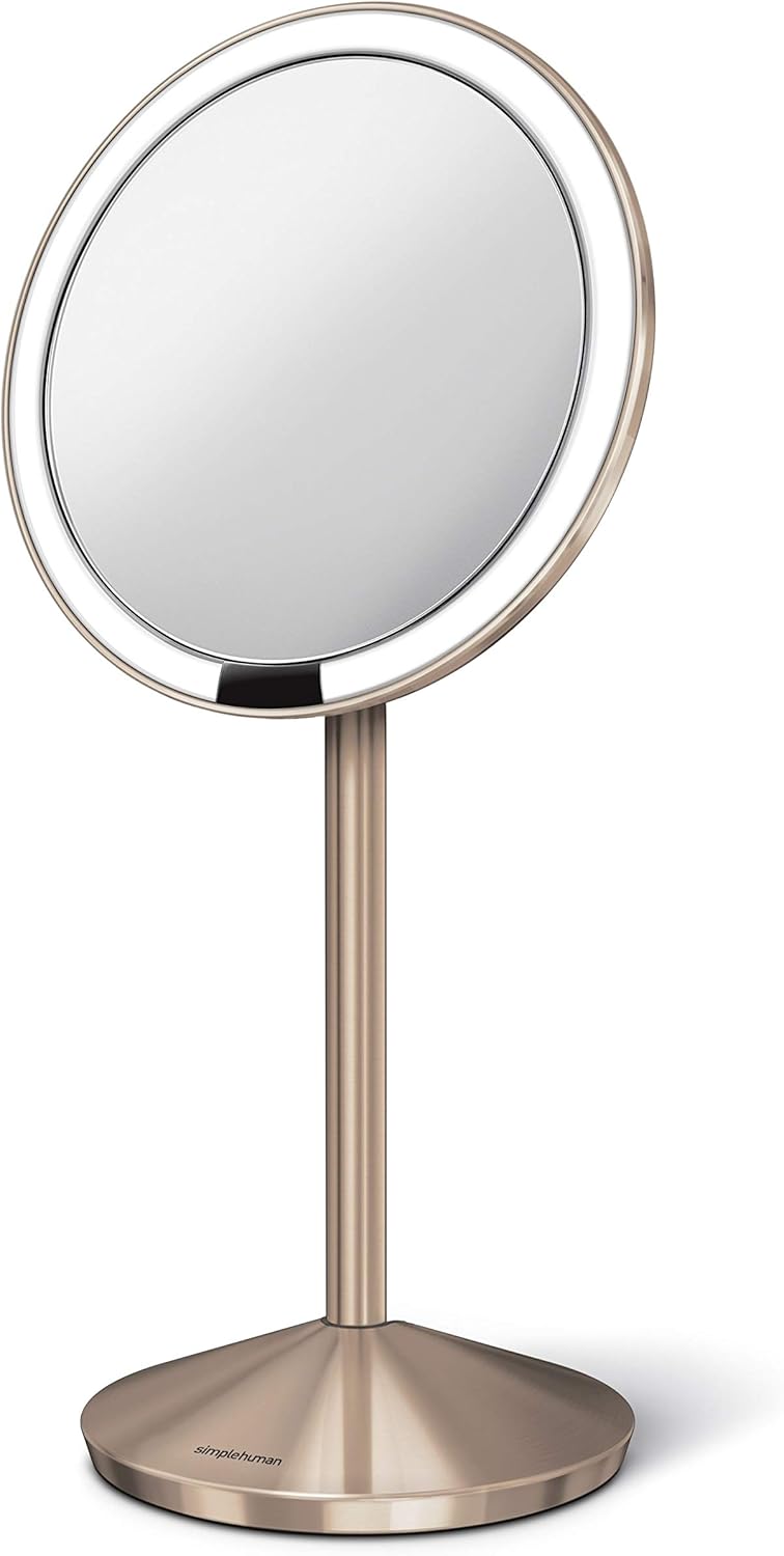 simplehuman Sensor Mirror, 5" Round Rechargeable Mini Travel Makeup Mirror, 10x Magnification, Brushed Stainless Steel