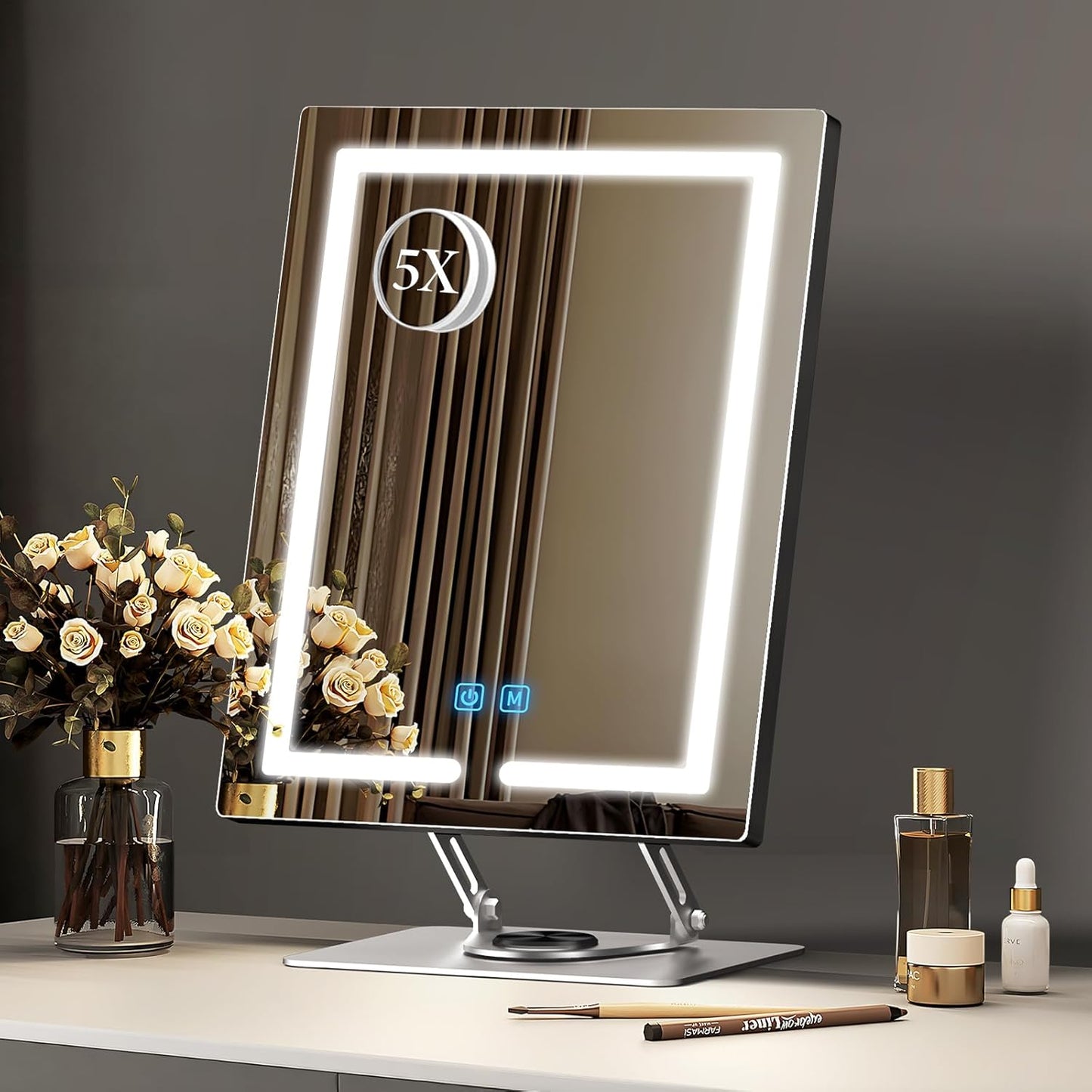 Vanity Mirror with Lights with 360° Rotation, LED Makeup Mirror with 5X Magnification, Lighted Makeup Mirror Adjustable Height, Angle and Light, Smart Touch Control Dark Gray