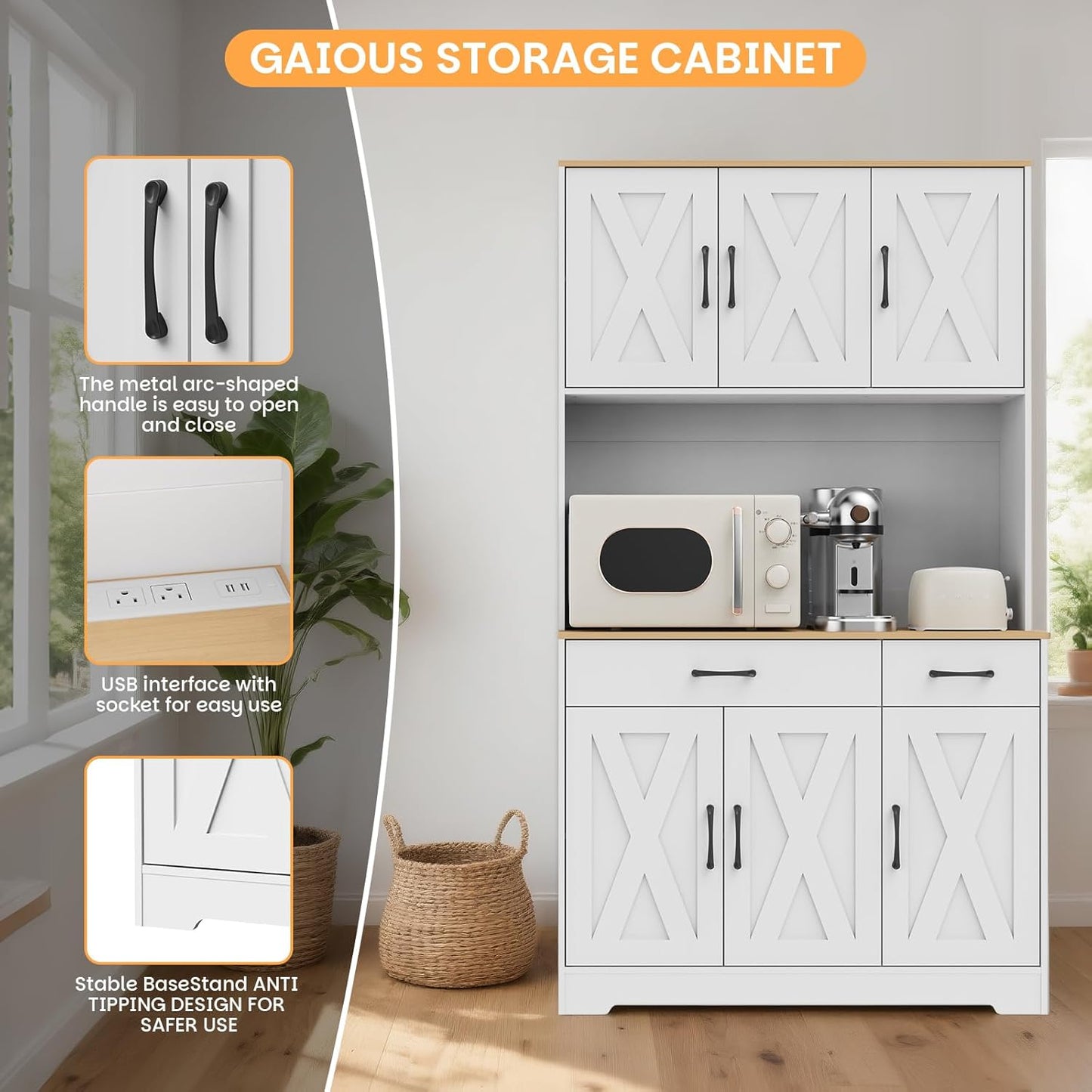 67" Tall Pantry Cabinet with Charging Station, Pantry Storage Cabinet with Drawers and Shelves, Food Pantry with Microwave Stand, Cupboard for Kitchen, Dining, Living Room, White