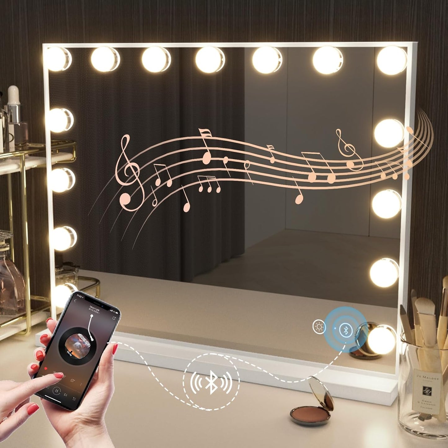 Hansong Vanity Mirror with Lights and Speaker22.8''x18.4'' Hollywood Makeup Mirror with 15 LED Bulbs Lighted Vanity Nakeup Mirror 3 Lighting Modes 10X Magnification White