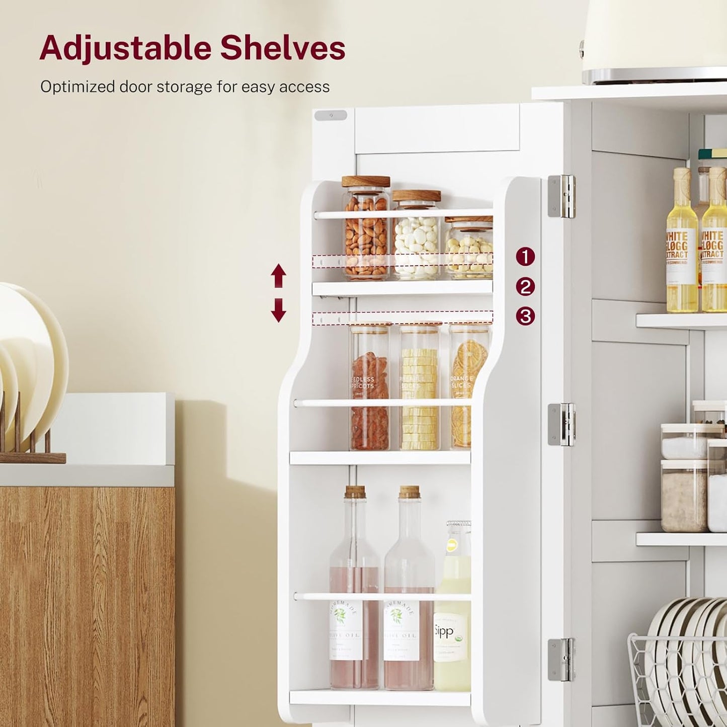 TEENFON 43'H Pantry Cabinet with 4 Doors, Kitchen Cabinet with 6 Door Shelves, Kitchen Pantry for Living Room, Dining Room, Bathroom, White