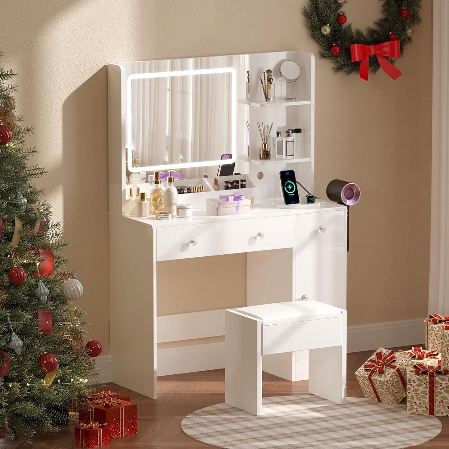 Makeup Vanity Desk with Mirror and Lights,Vanity Set with Mirror and Stool and Lights 3 Color,White Vanity Desk with Drawers,Make Up Table with Power Outlet,Dressing Table with Cabinet,Storage Shelves