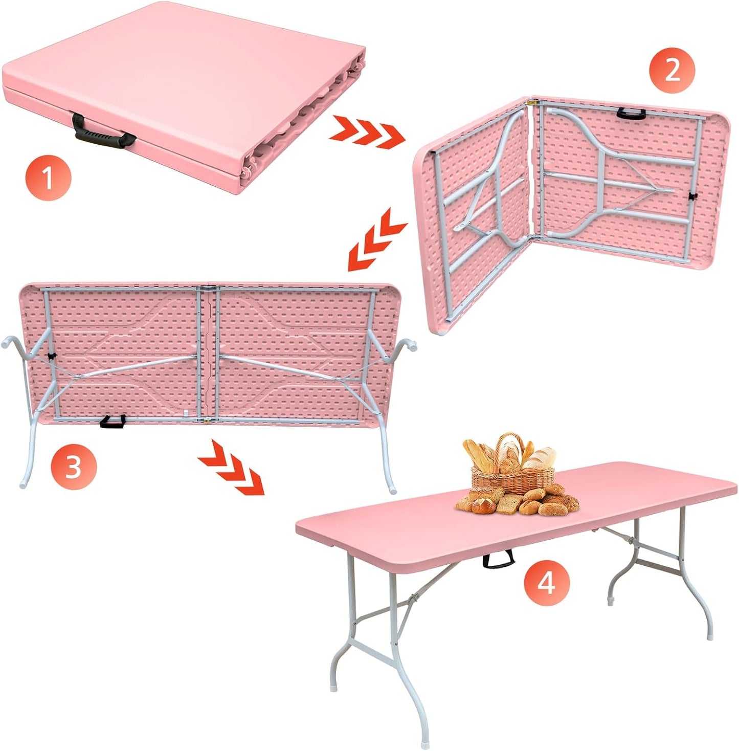 Portable 6Ft Folding Table, Heavy Duty Plastic Fold-in-Half Utility Foldable Dining Table, Multi-Purpose Plastic Folding Table with Carrying Handle for Camping and Party Indoor/Outdoor (Pink)