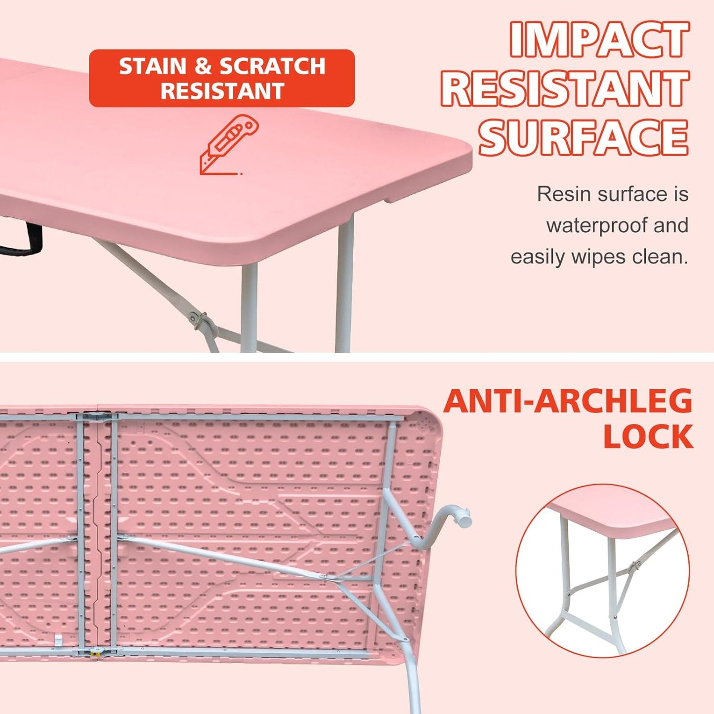 Portable 6Ft Folding Table, Heavy Duty Plastic Fold-in-Half Utility Foldable Dining Table, Multi-Purpose Plastic Folding Table with Carrying Handle for Camping and Party Indoor/Outdoor (Pink)