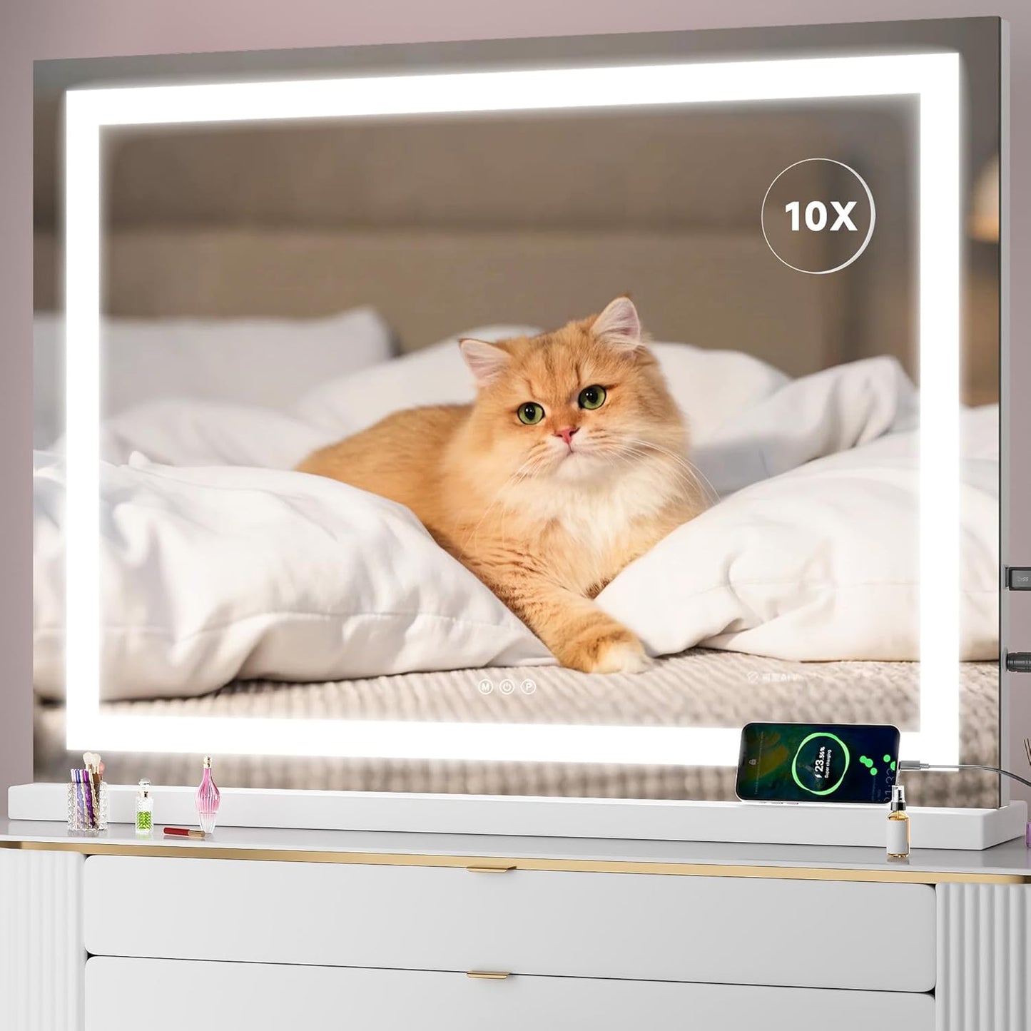 Vanity Mirror with Lights, 23" x 18" LED Makeup Mirror with 10X Magnification, Dimmable 3 Modes, Memory Function, Smart Touch, USB Charging Port, Lighted Makeup Mirror Square Glod
